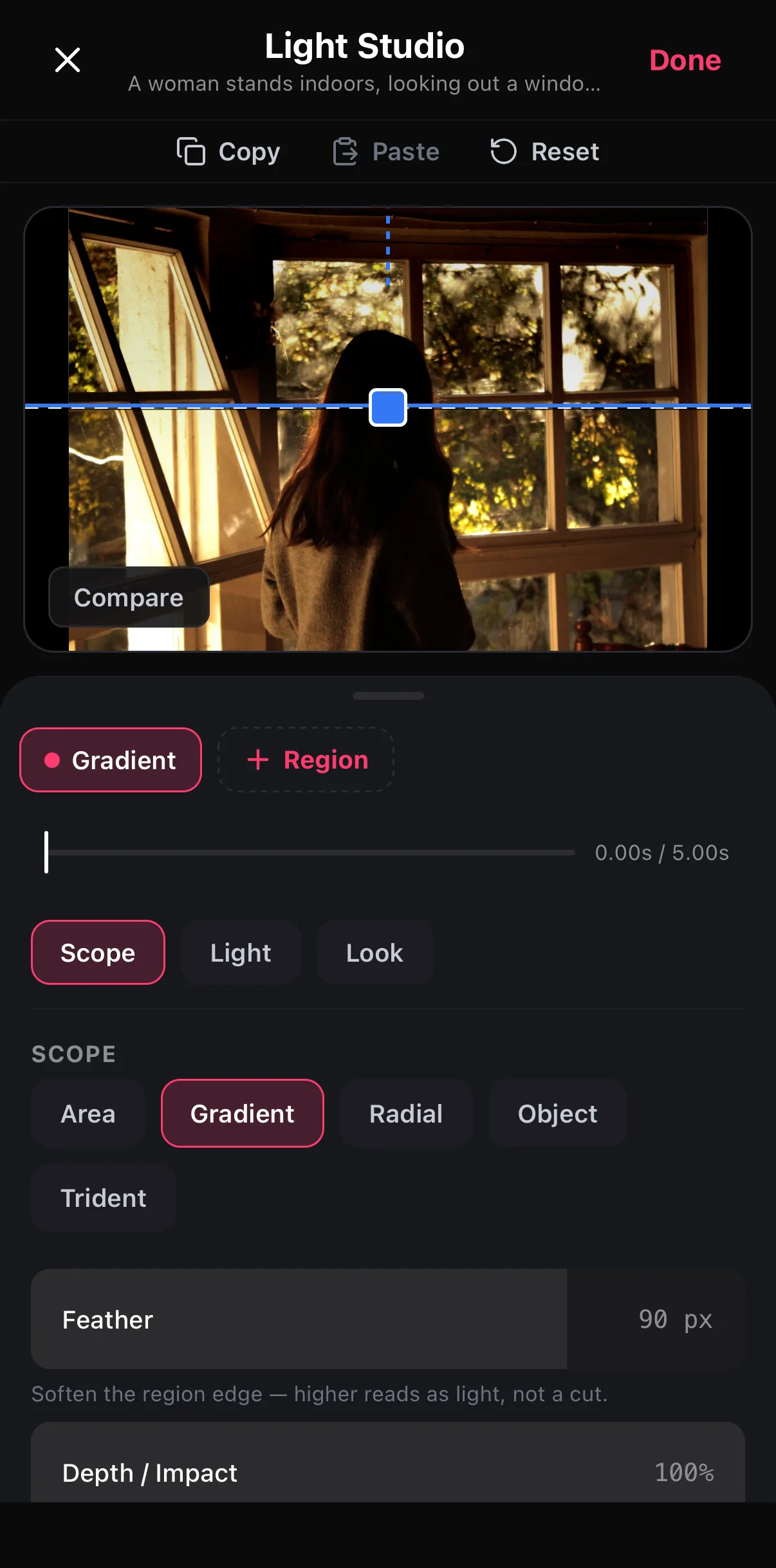Light Studio with a Gradient region: a horizontal dashed line with a centre handle across the window portrait, the Gradient chip active, tabs Scope / Light / Look, Scope options Area, Gradient (selected), Radial, Object and Trident, Feather 90 px and Depth / Impact 100%.