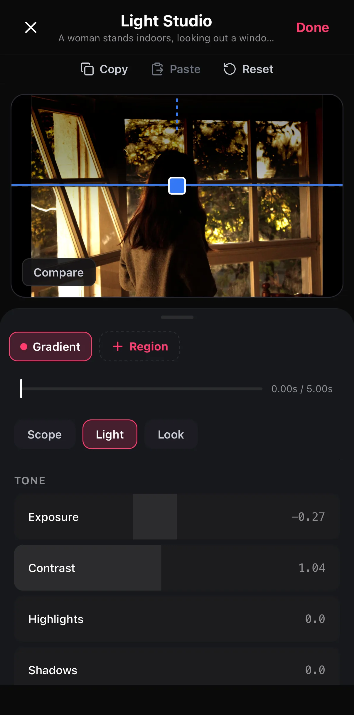 The Light tab for the Gradient region: Tone scrubbers Exposure −0.27, Contrast 1.04, Highlights 0.0, Shadows 0.0; the top of the window in the preview is slightly darker.