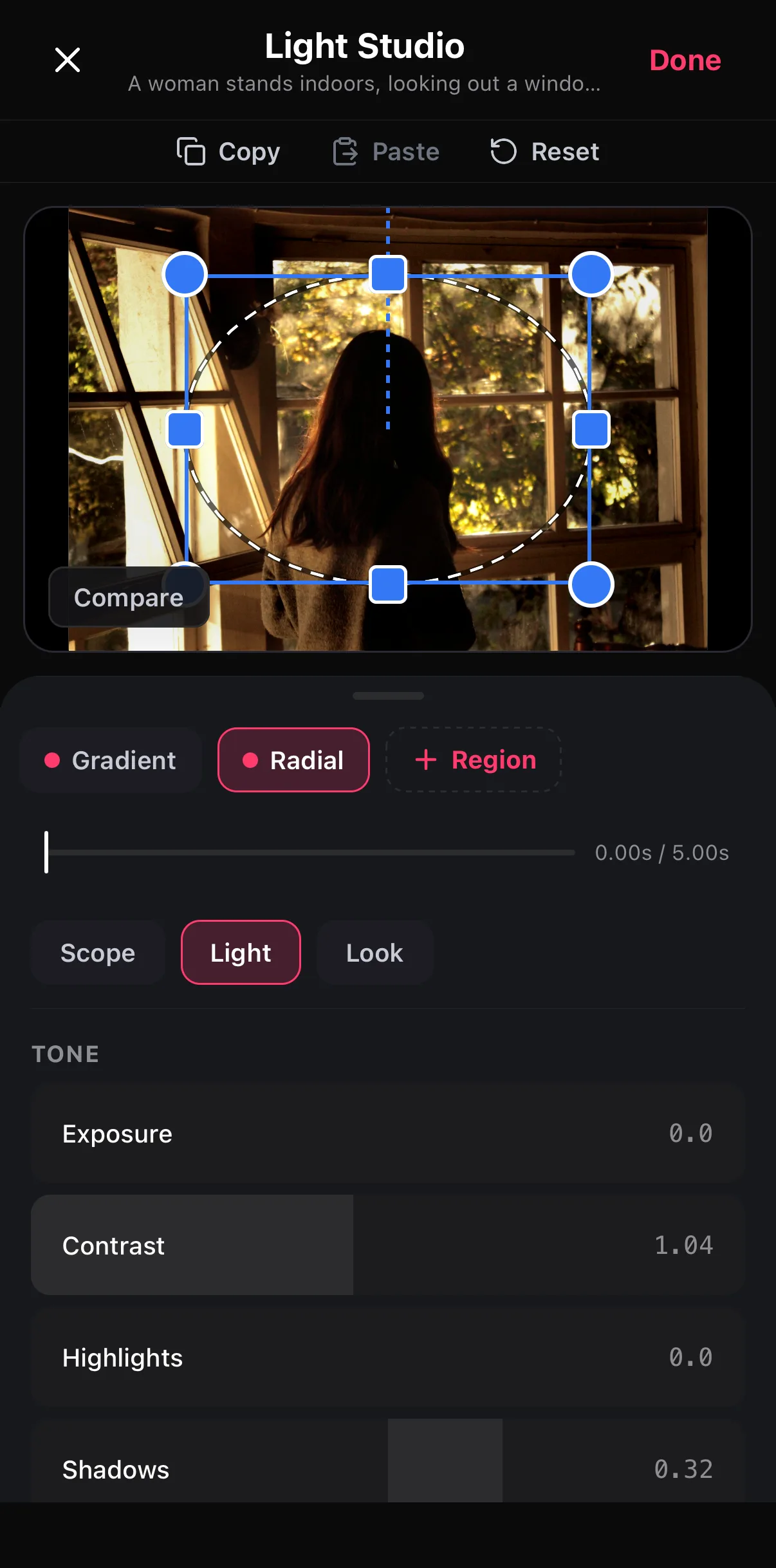 Two region chips — Gradient and Radial (active) — above the tabs; a dashed oval with handles sits over the woman's head and shoulders, and the Light tab shows Shadows raised to 0.32.