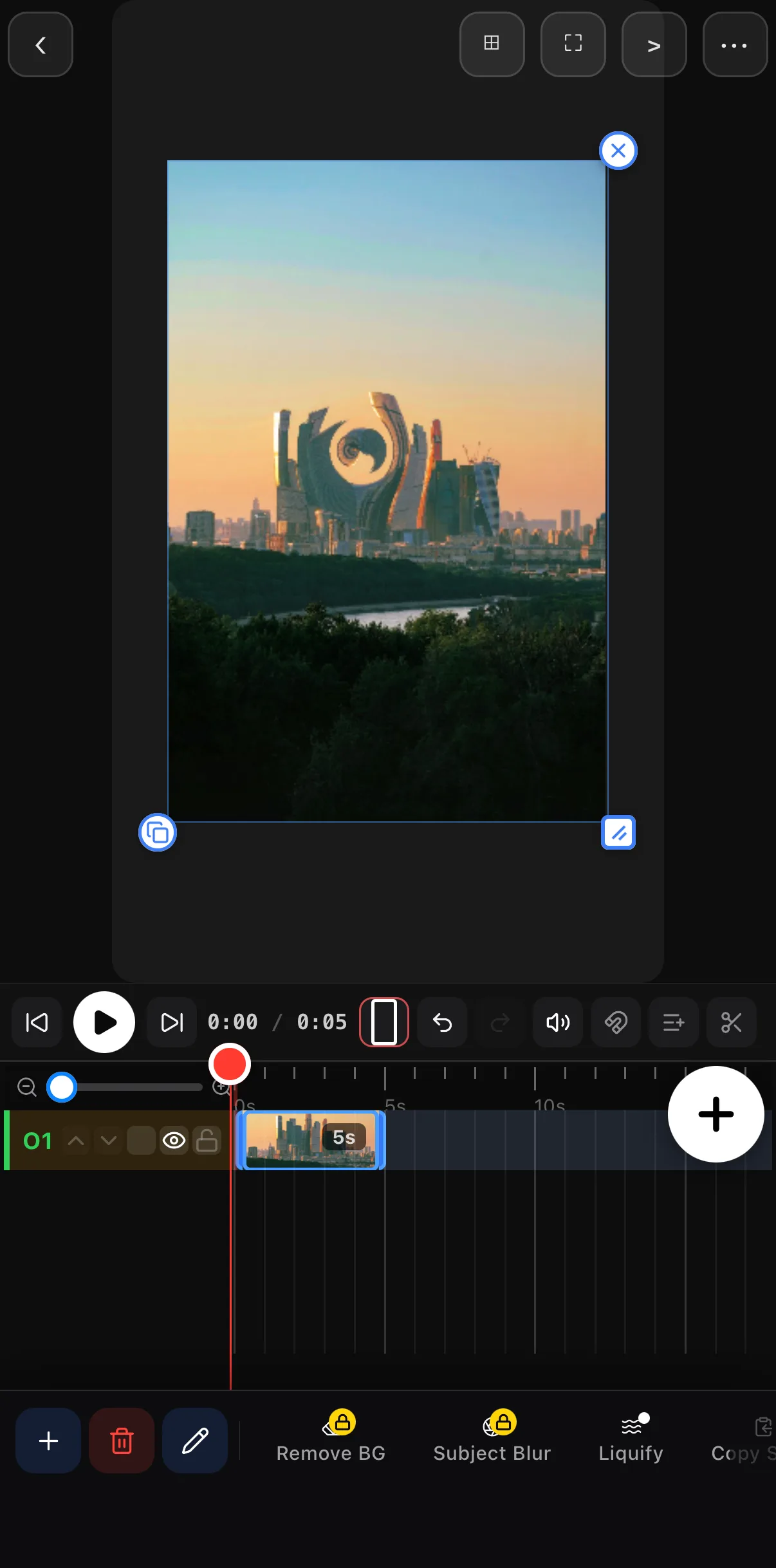 The skyline on the canvas after Apply Liquify: the central towers bulge outward in a rounded bloat while the rest of the frame is untouched.