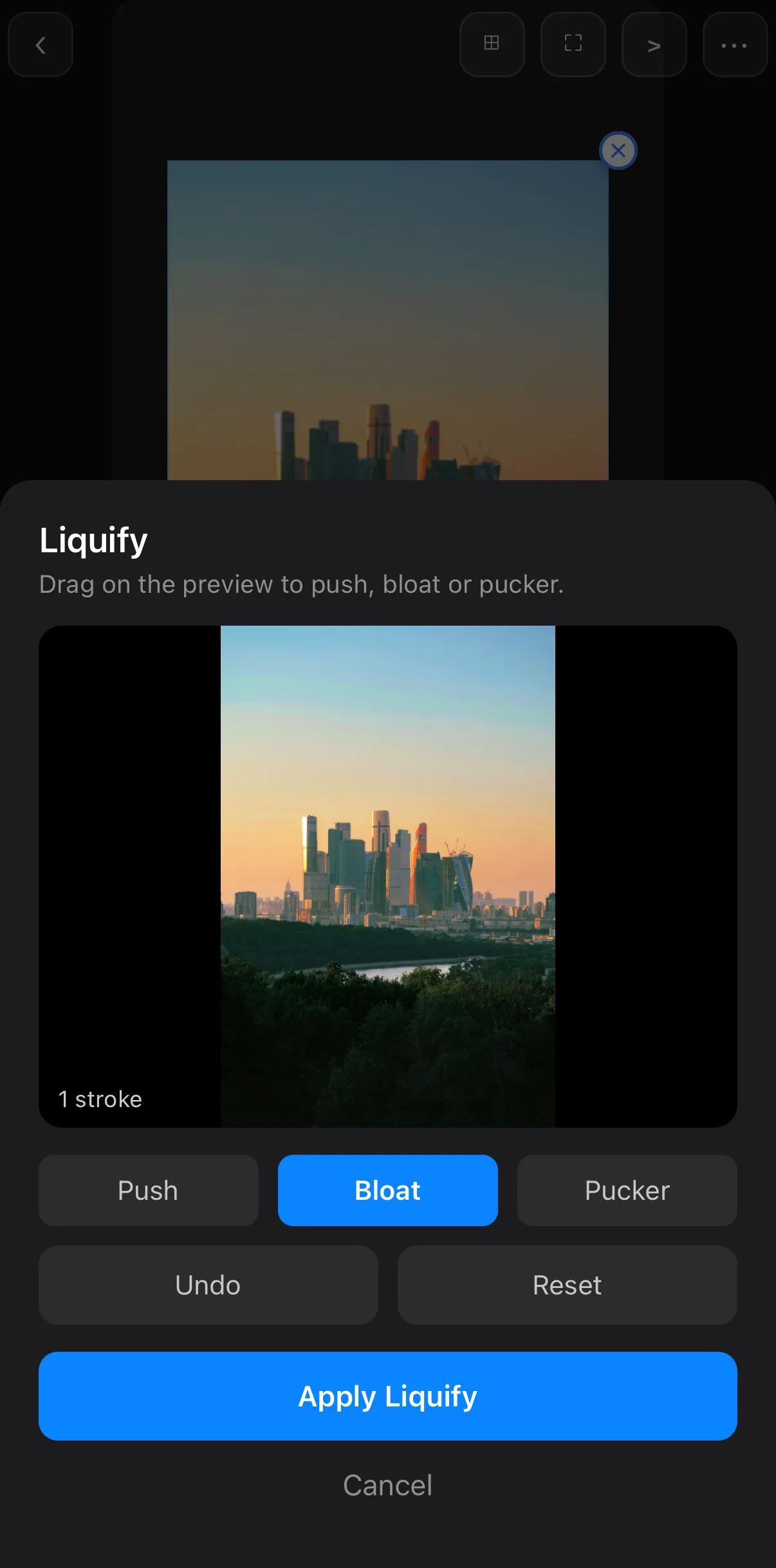 The Liquify sheet over a city skyline: a preview with 1 stroke, brush buttons Push, Bloat (selected) and Pucker, Undo and Reset, an Apply Liquify button and Cancel.