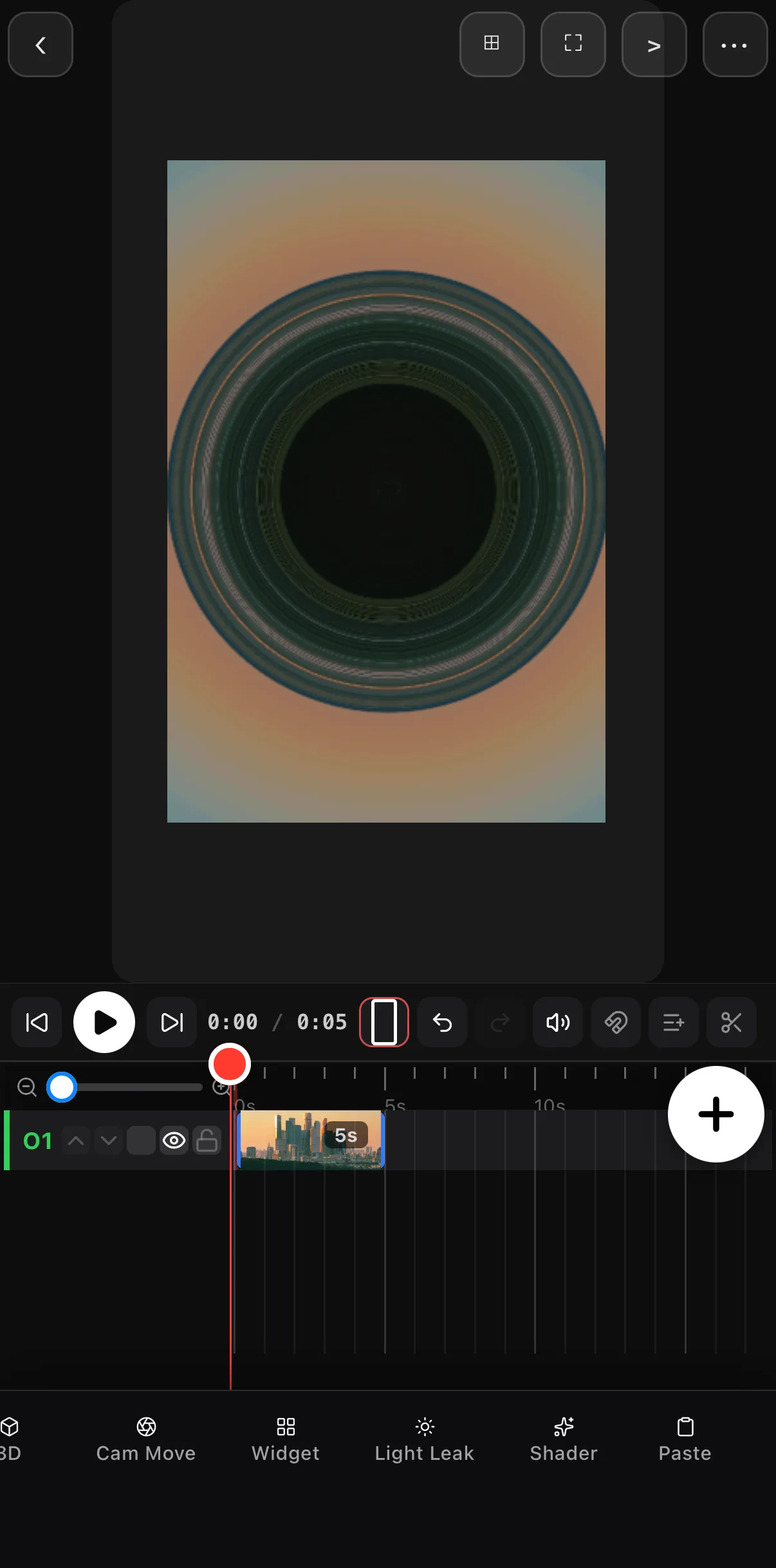 The finished Tiny Planet frame on the 9:16 canvas: a dark green disc of treetops ringed by the sunset sky, with the 5-second image clip on O1.