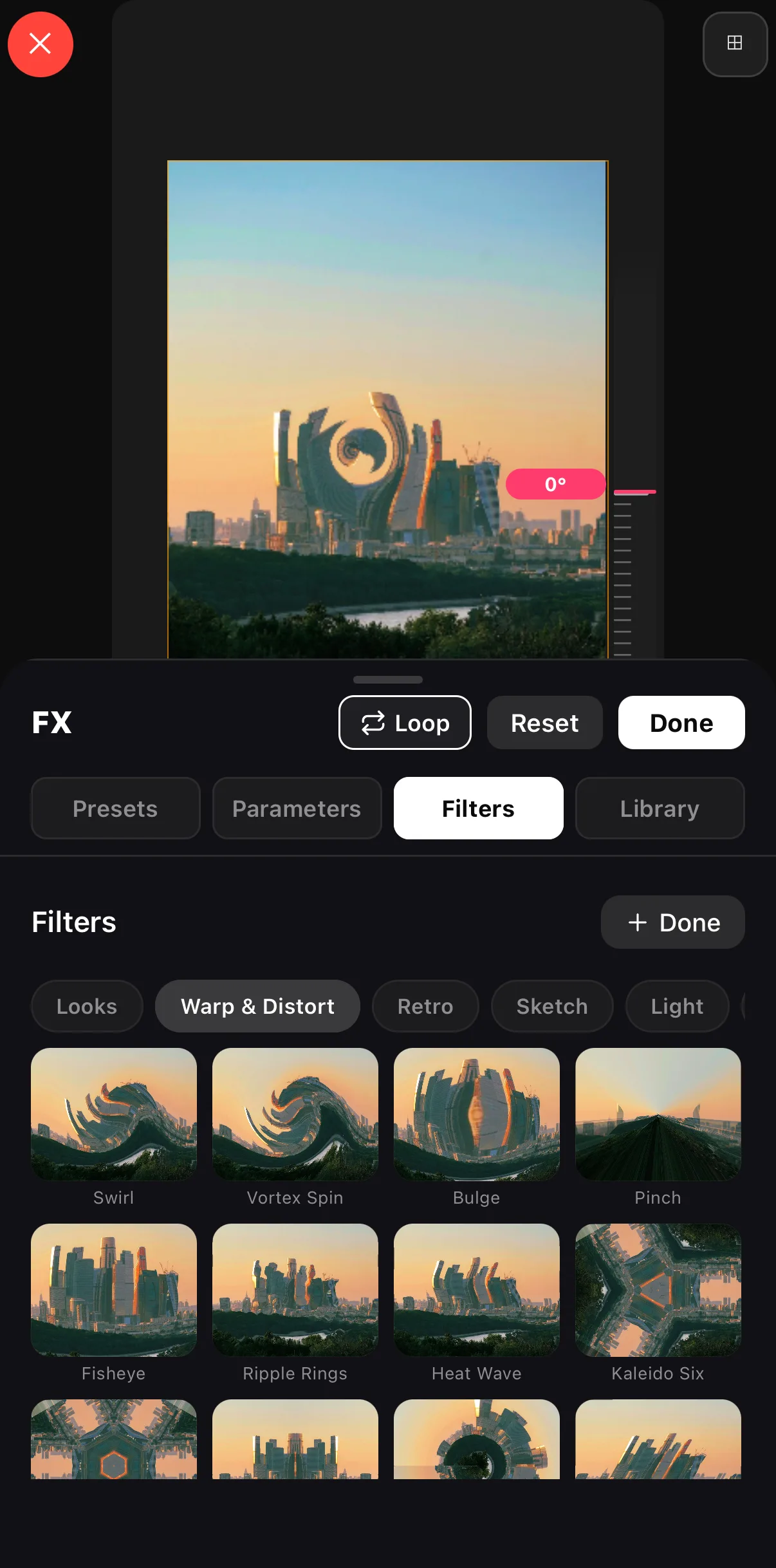 The FX Filters engine on the Warp & Distort tab: tiles Swirl, Vortex Spin, Bulge, Pinch, Fisheye, Ripple Rings, Heat Wave and Kaleido Six, each previewing the skyline warped; the tab strip reads Looks, Warp & Distort, Retro, Sketch, Light.