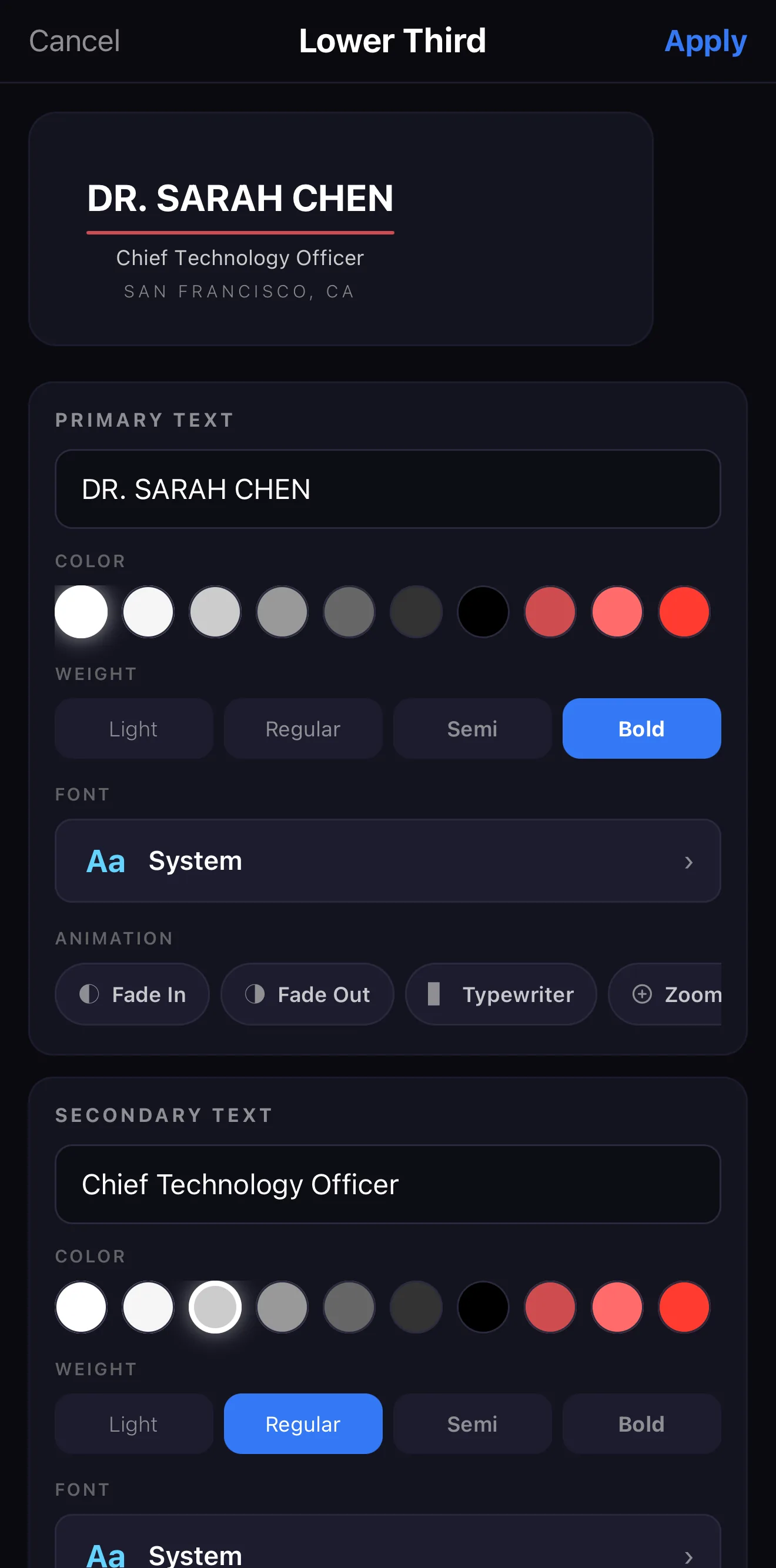 The Lower Third editor showing a live Dr. Sarah Chen / Chief Technology Officer preview, with primary and secondary text fields, color swatches, weight, font and animation options