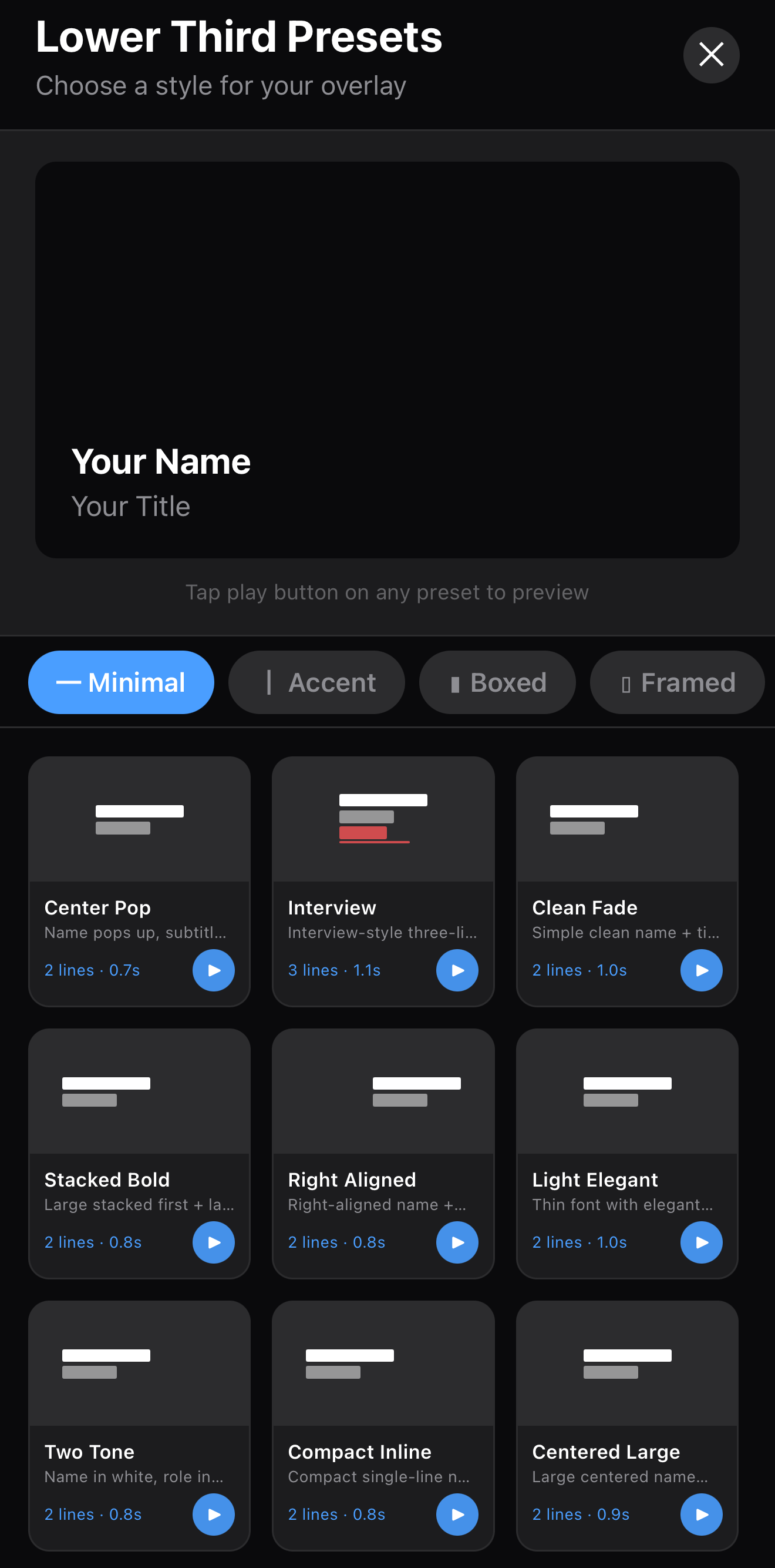 The Lower Third Presets catalog with Minimal, Accent, Boxed and Framed tabs and named presets like Center Pop, Interview and Clean Fade, each with a preview button