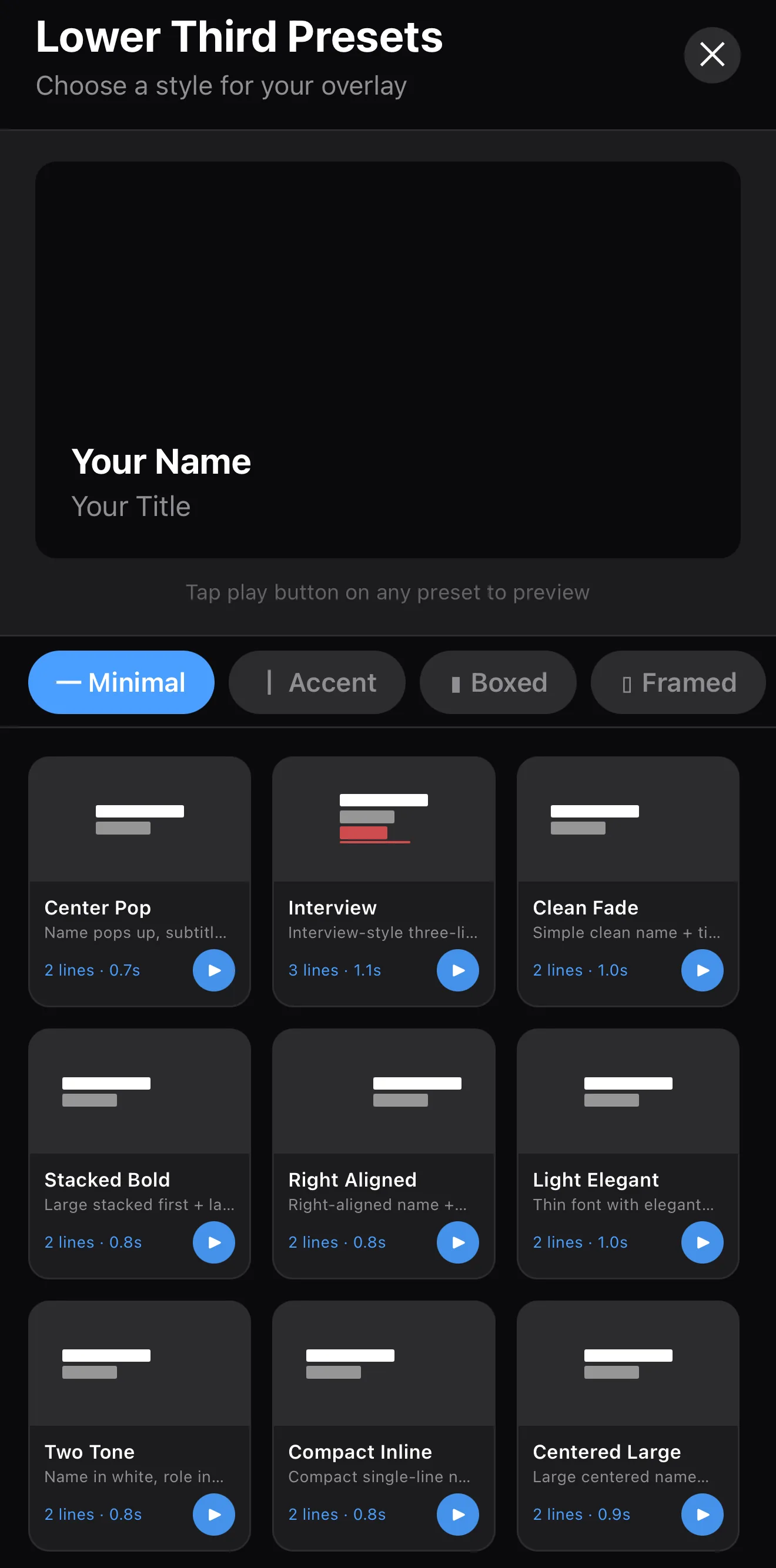 The Lower Third Presets catalog with Minimal, Accent, Boxed and Framed tabs and named presets like Center Pop, Interview and Clean Fade, each with a preview button