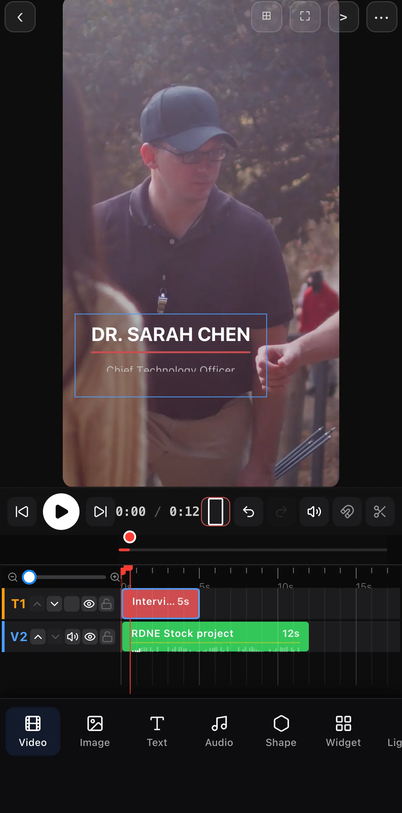The finished Dr. Sarah Chen lower third animated over a talking-head interview clip on the canvas