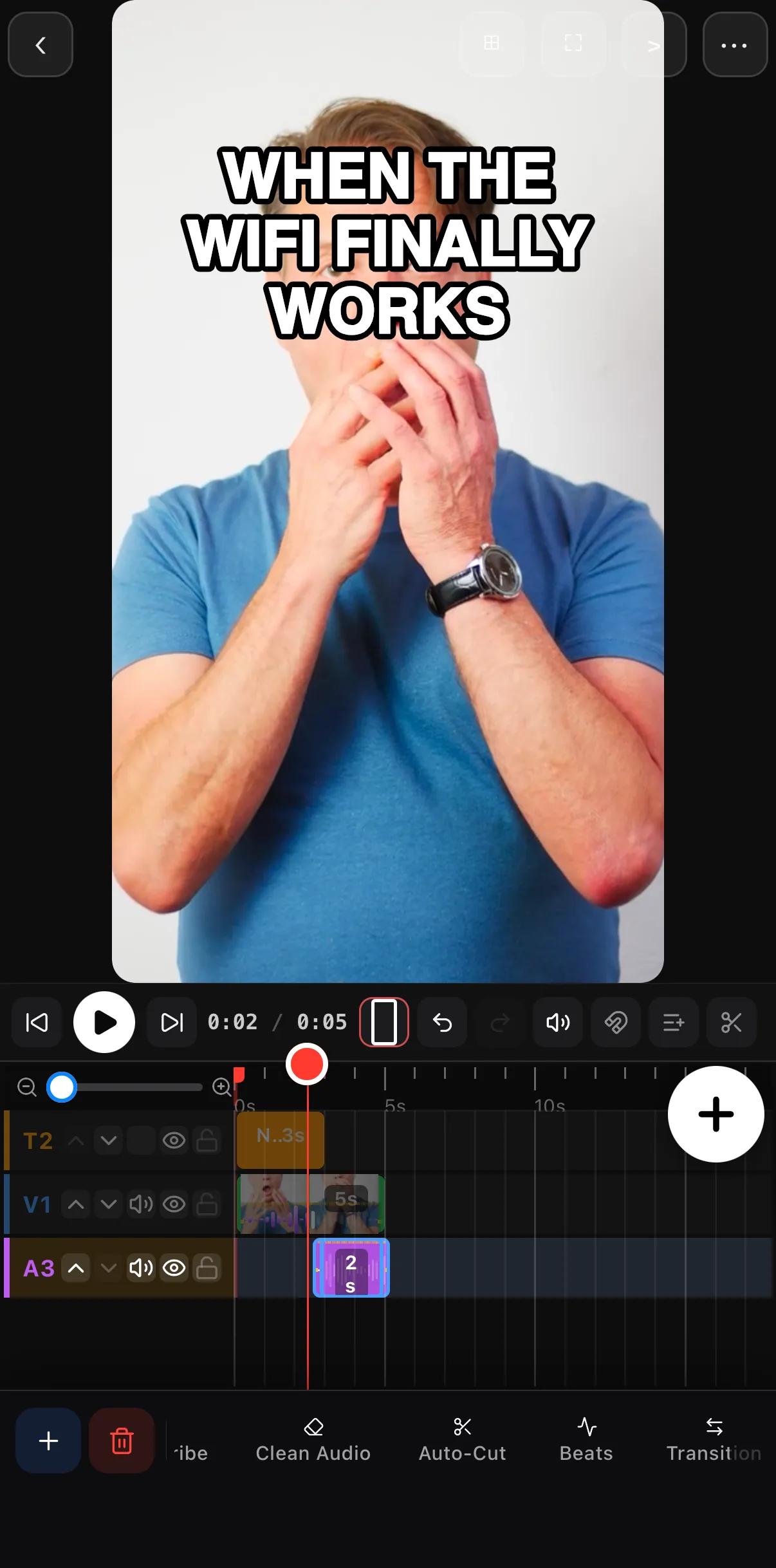 The timeline after adding the SFX: the caption on T2, the video on V1, and a 2-second Comedy boing spring clip on A3 starting at the playhead.