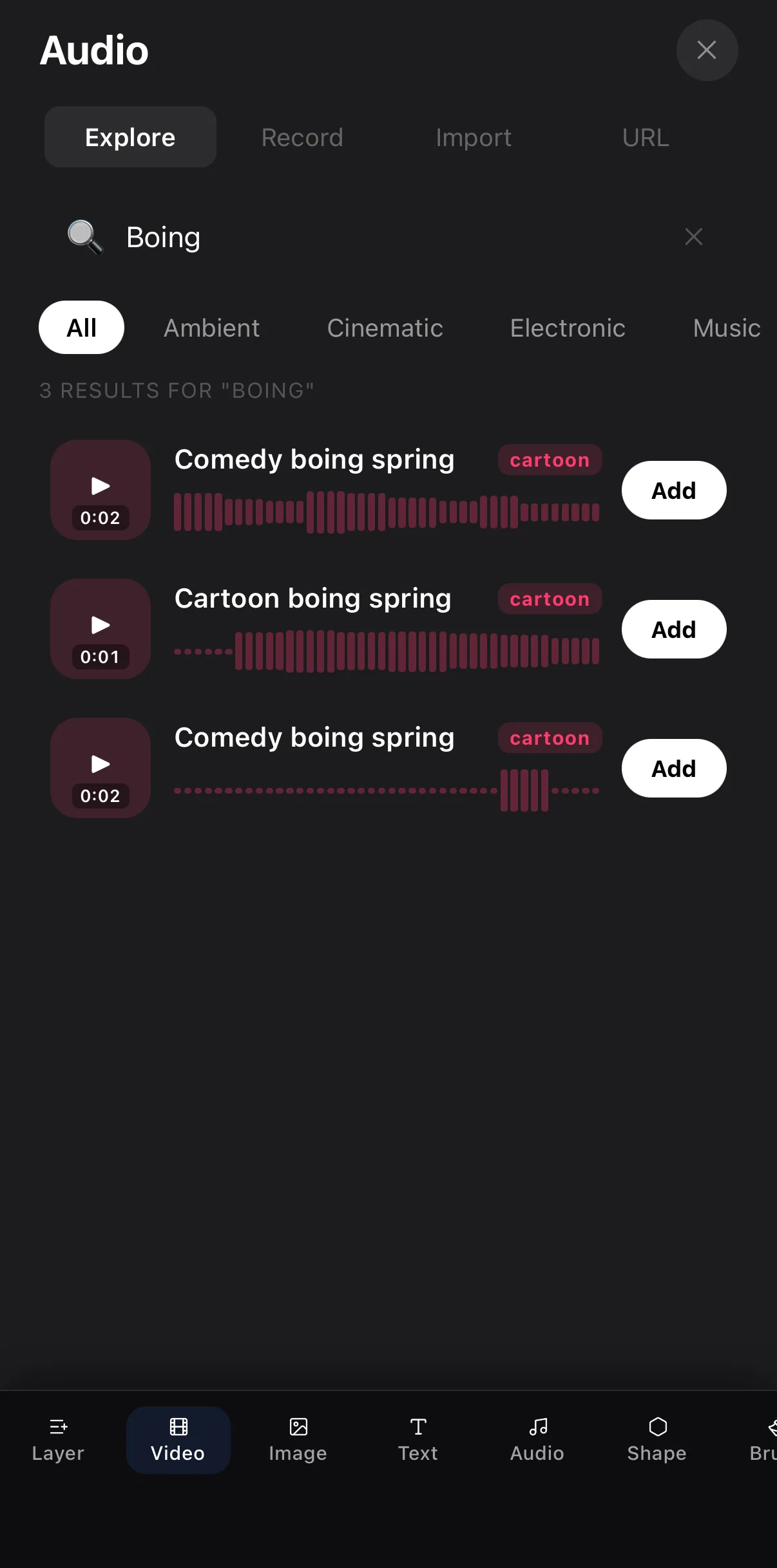 The Audio panel's Explore tab searching for boing: three cartoon results — Comedy boing spring, Cartoon boing spring — each with a waveform, a category tag and an Add button.