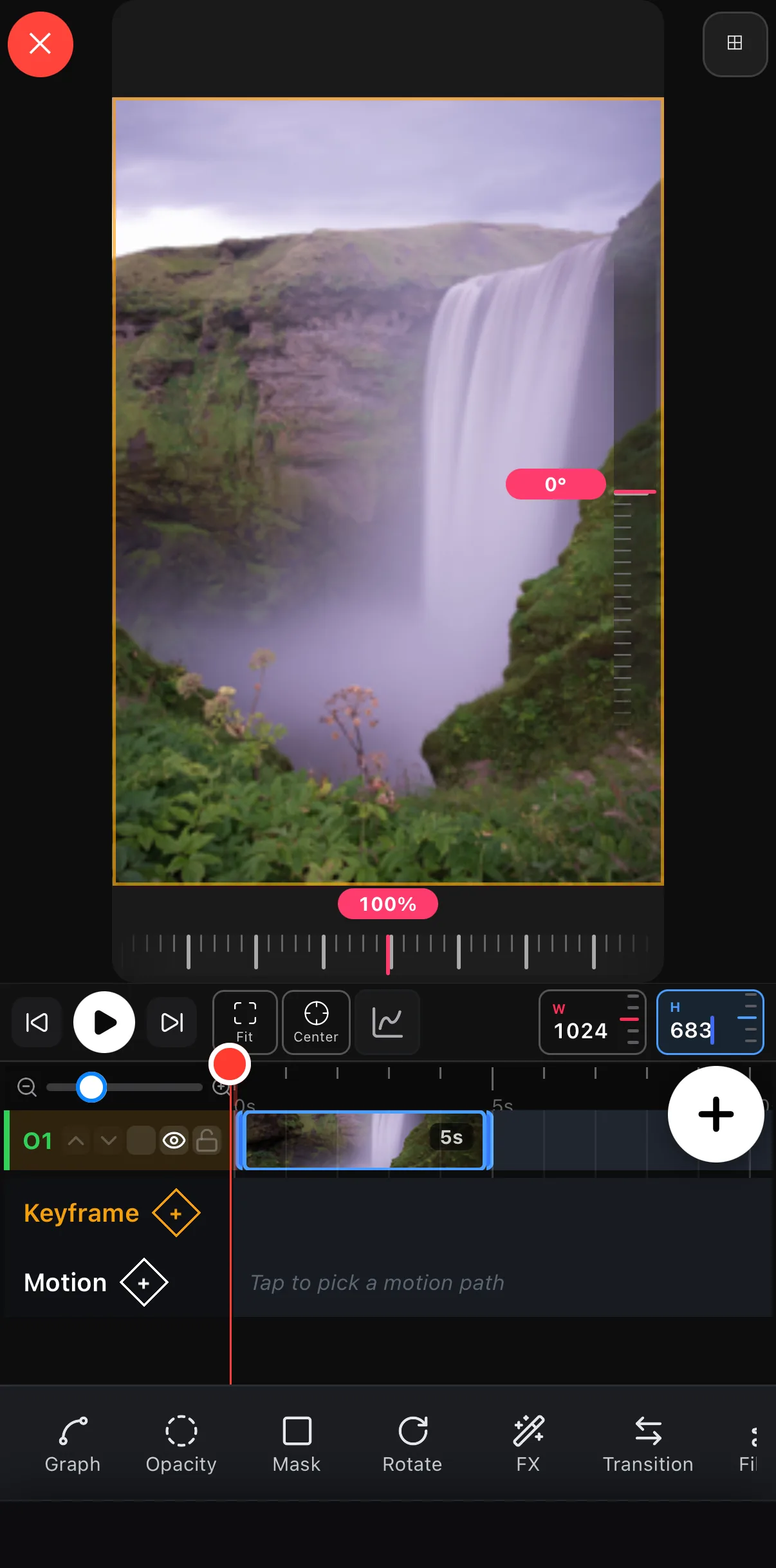Edit mode on the first photo: the waterfall now fills the 9:16 canvas with W 1024 and H 683, the scale ruler reads 100%, and the Keyframe and Motion rows sit below the timeline.