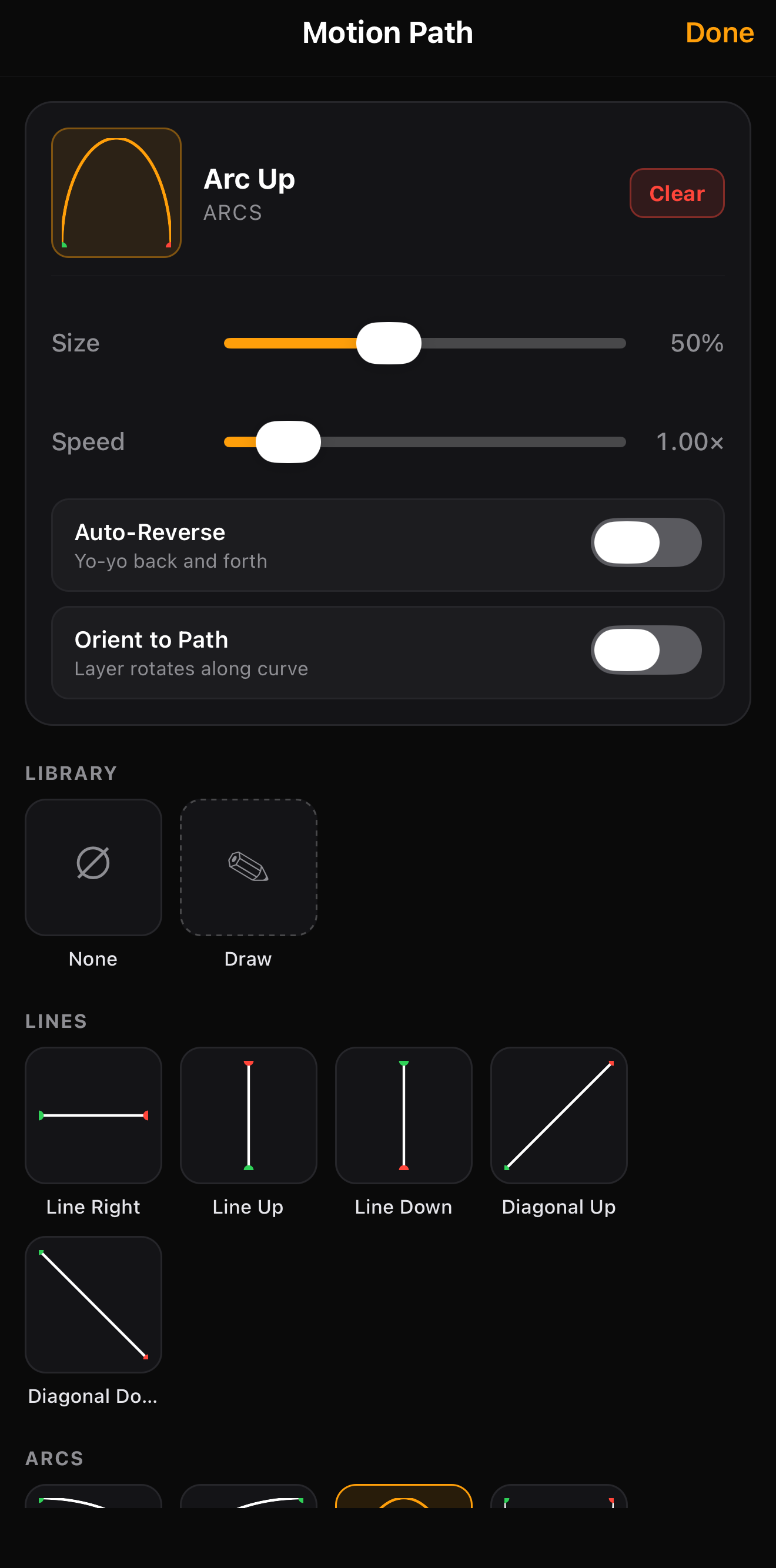 The Motion Path panel with an Arc Up path selected, Size and Speed sliders, and a library of line, arc, and curve presets.