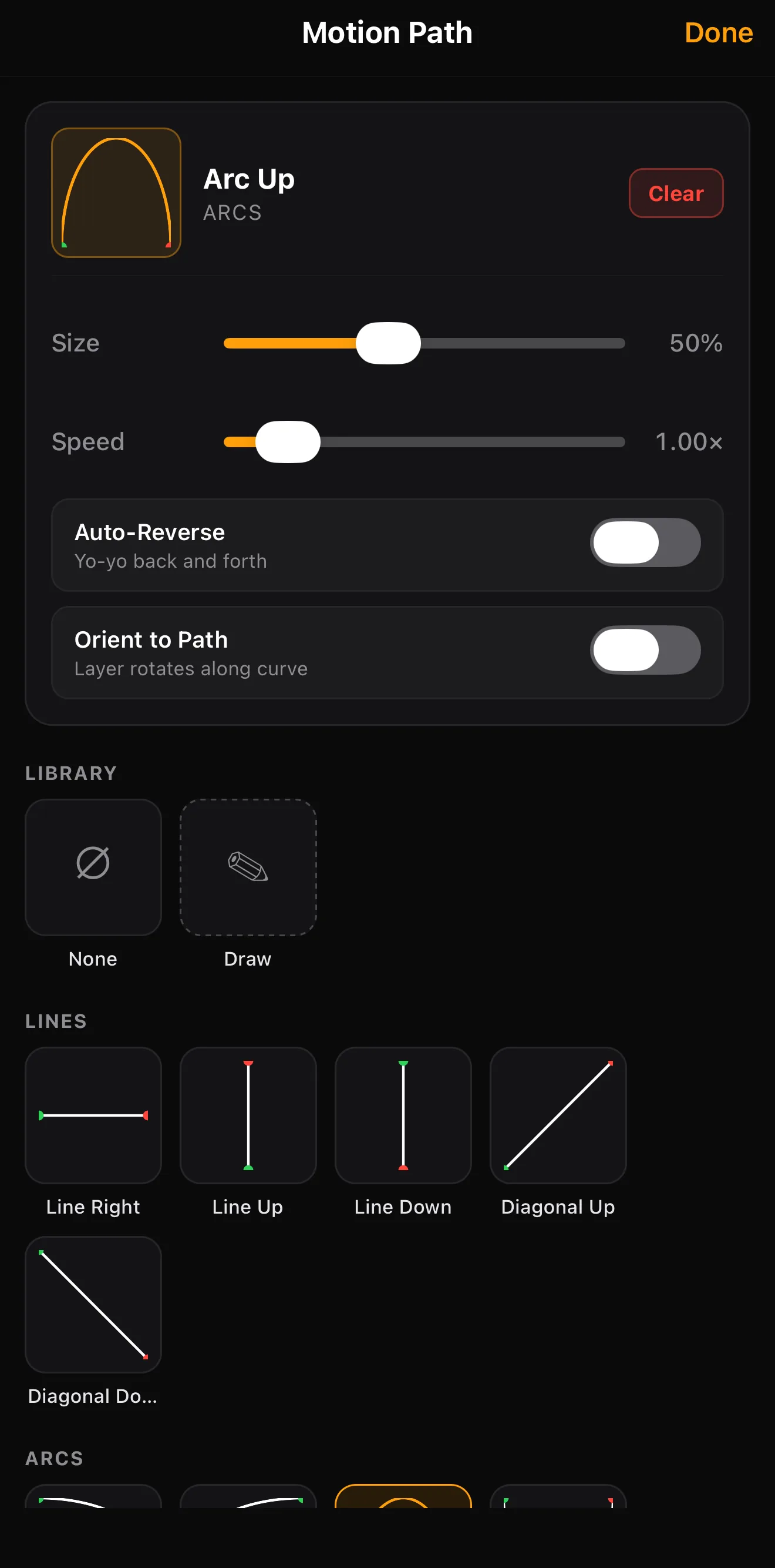 The Motion Path panel with an Arc Up path selected, Size and Speed sliders, and a library of line, arc, and curve presets.