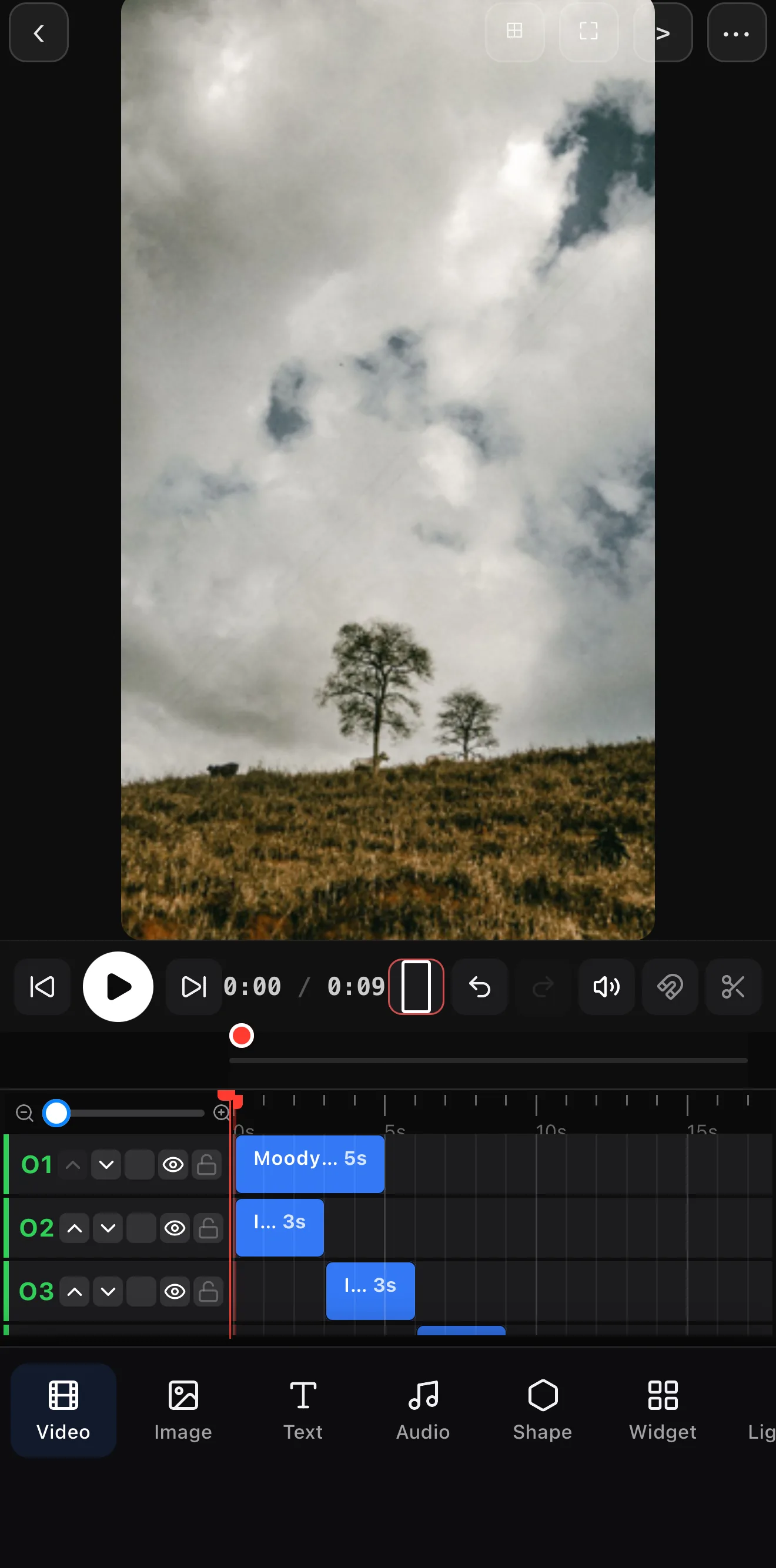 The editor timeline with three photo clips laid out in sequence, each its own block.