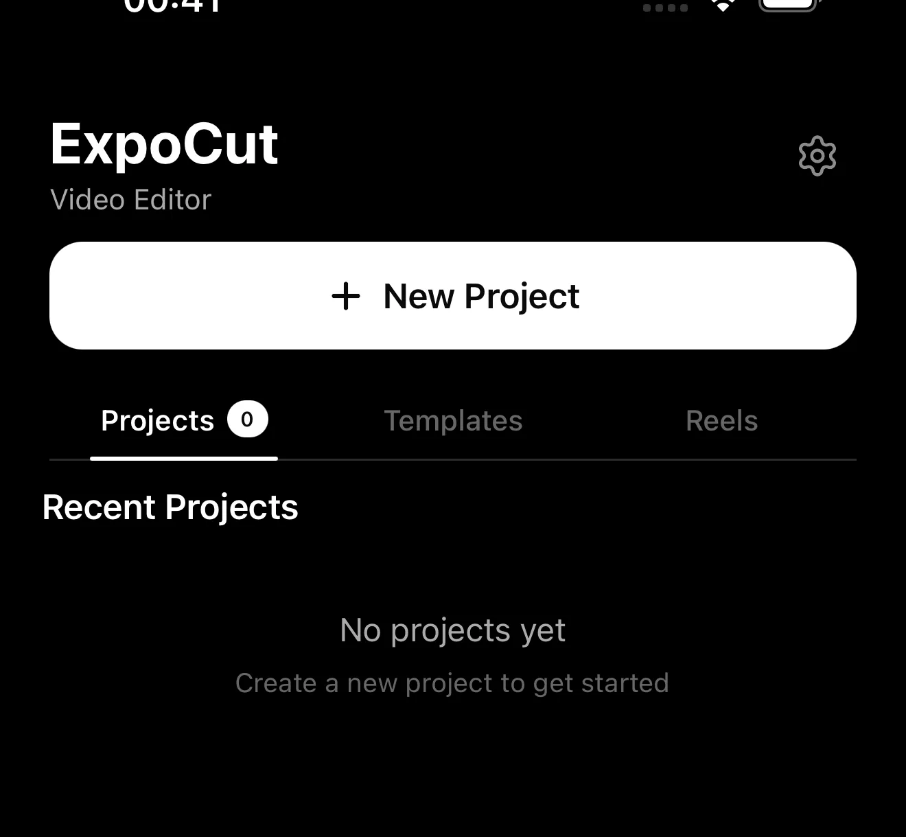 ExpoCut home screen with the New Project button highlighted