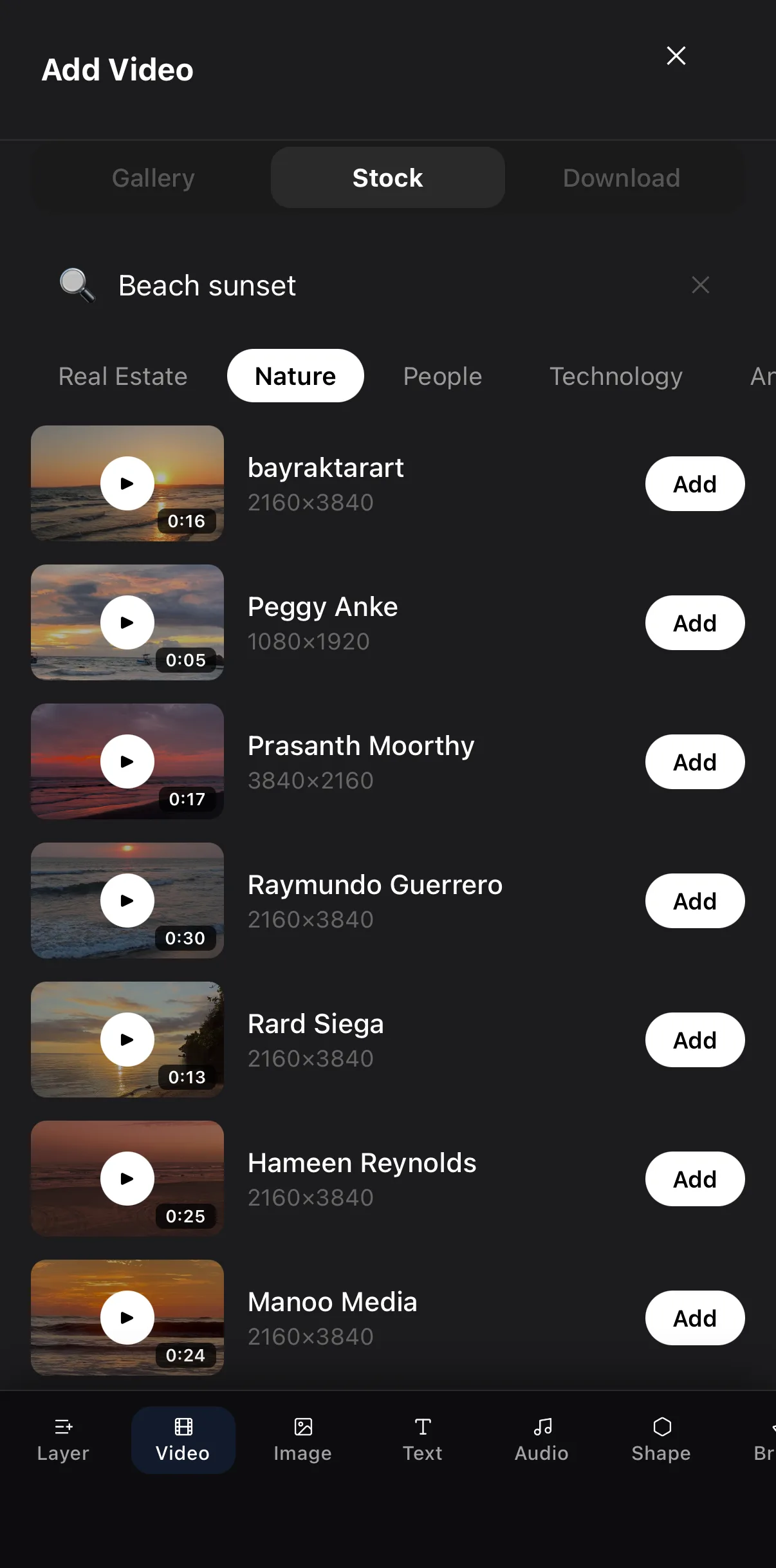 The Add Video screen on the Stock tab, showing beach sunset search results with an Add button on each row