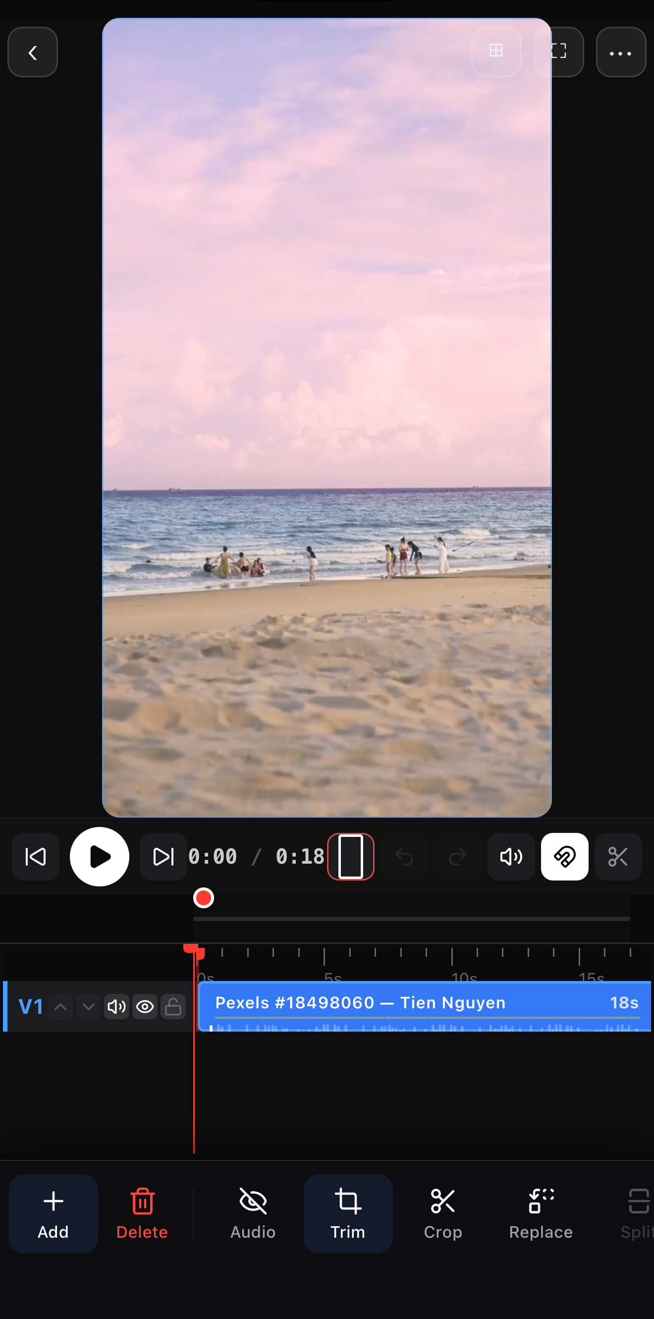 A mobile video editor timeline with a clip selected, ready to trim