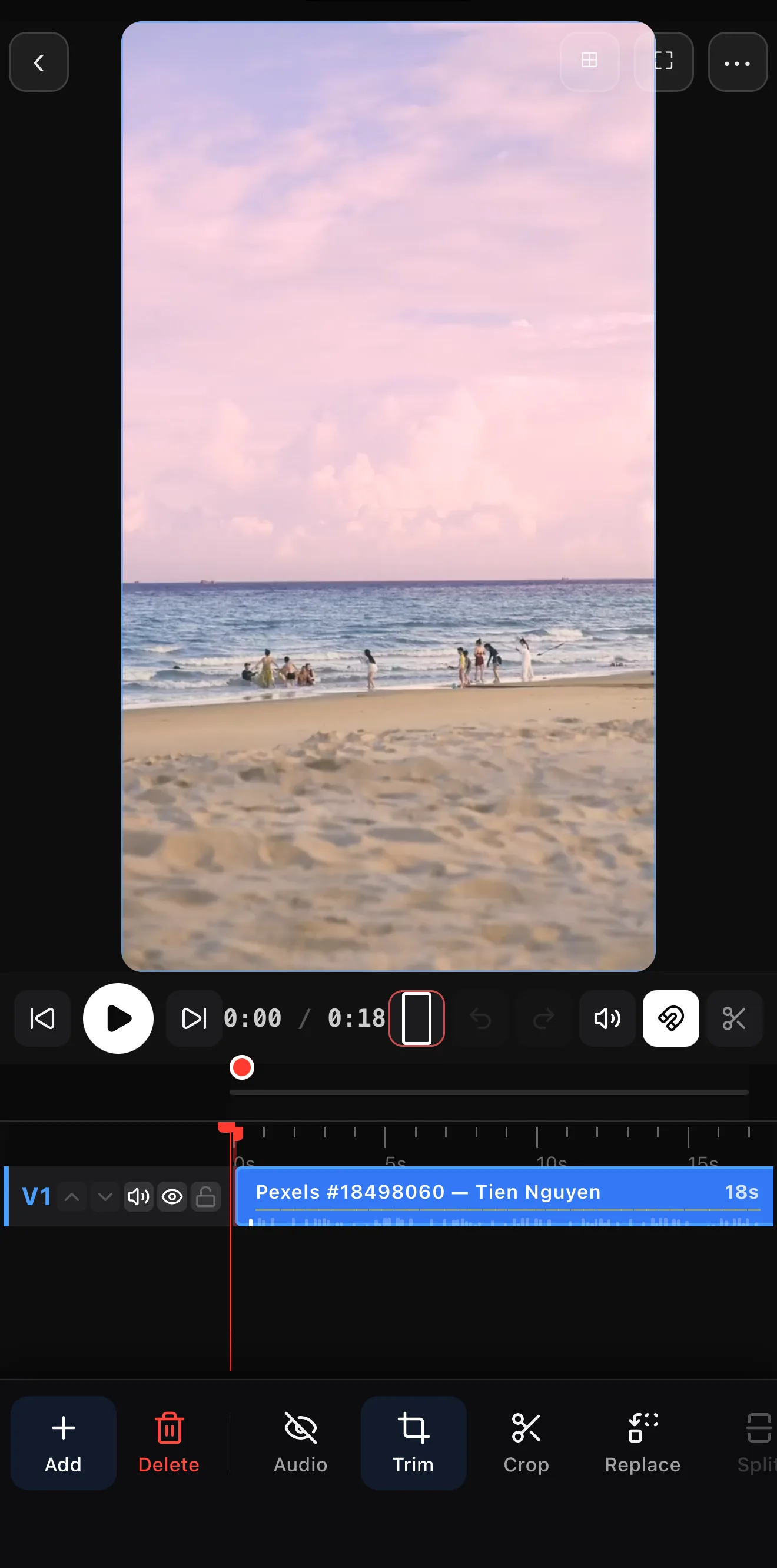 The editor with a video clip on the timeline ready to trim