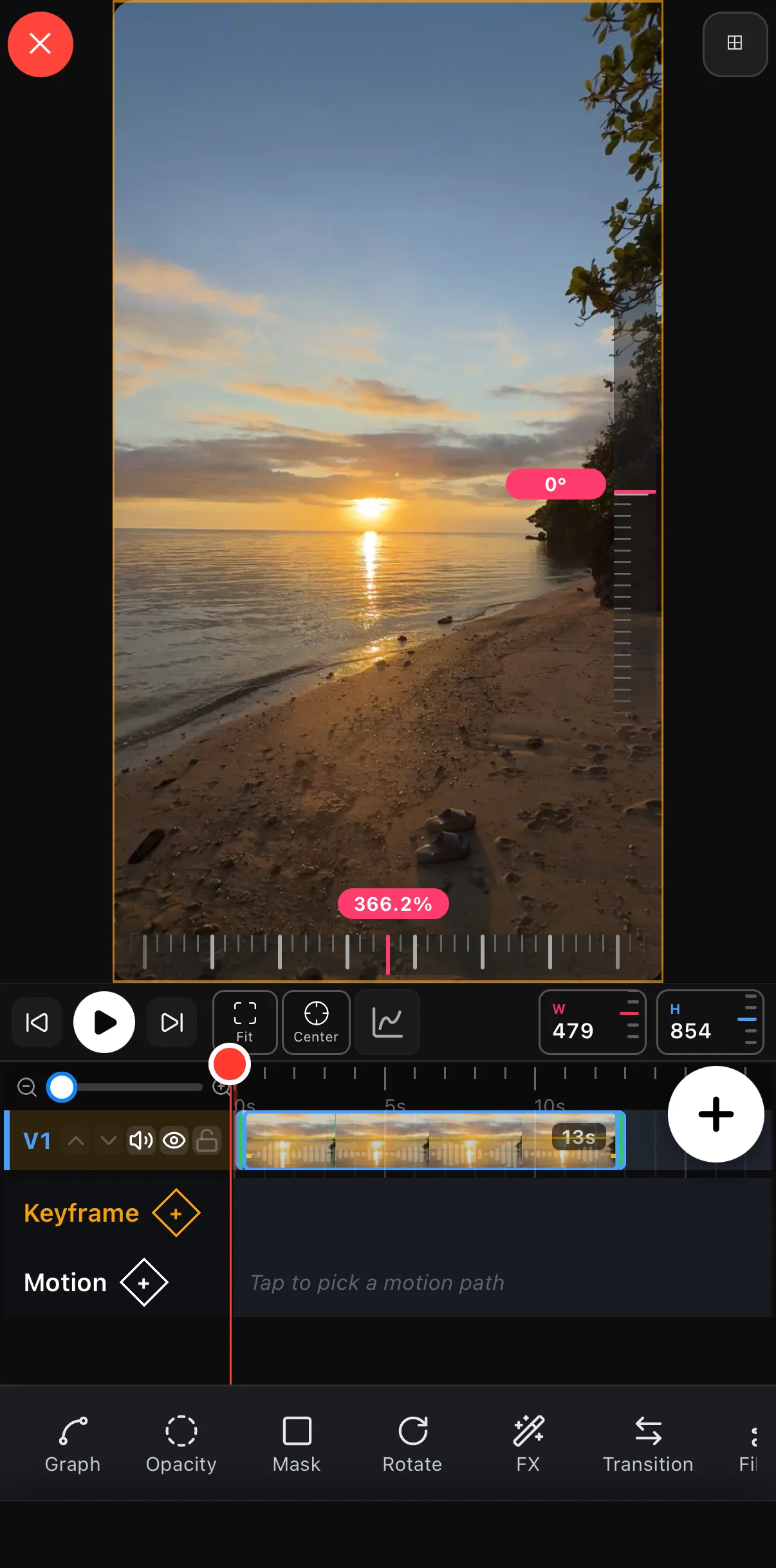 Resize mode with the clip filling the whole 9:16 canvas after tapping Fit, with the W/H fields and the transform tools below