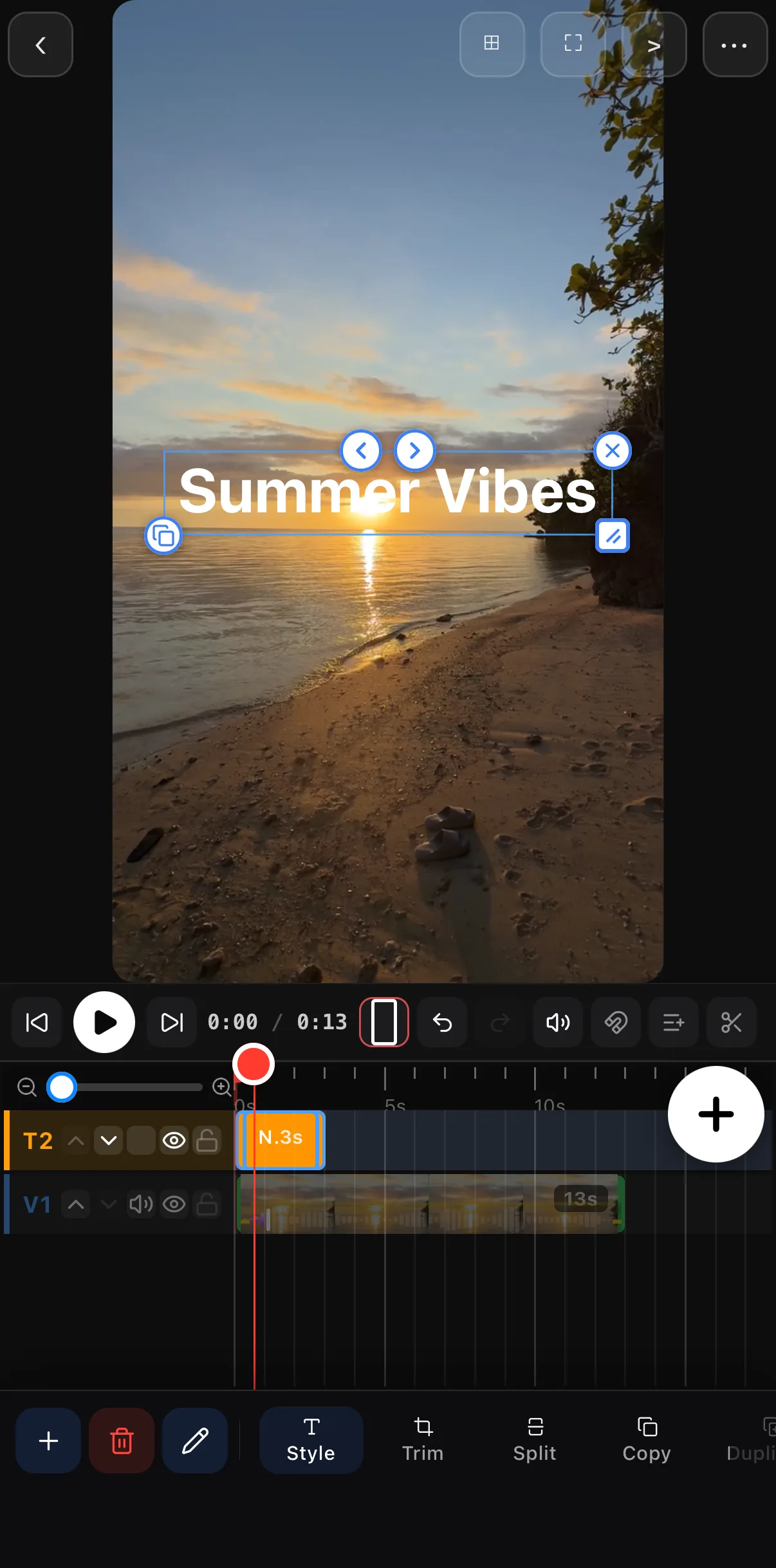 The timeline showing the title on its own T2 row above the video on V1
