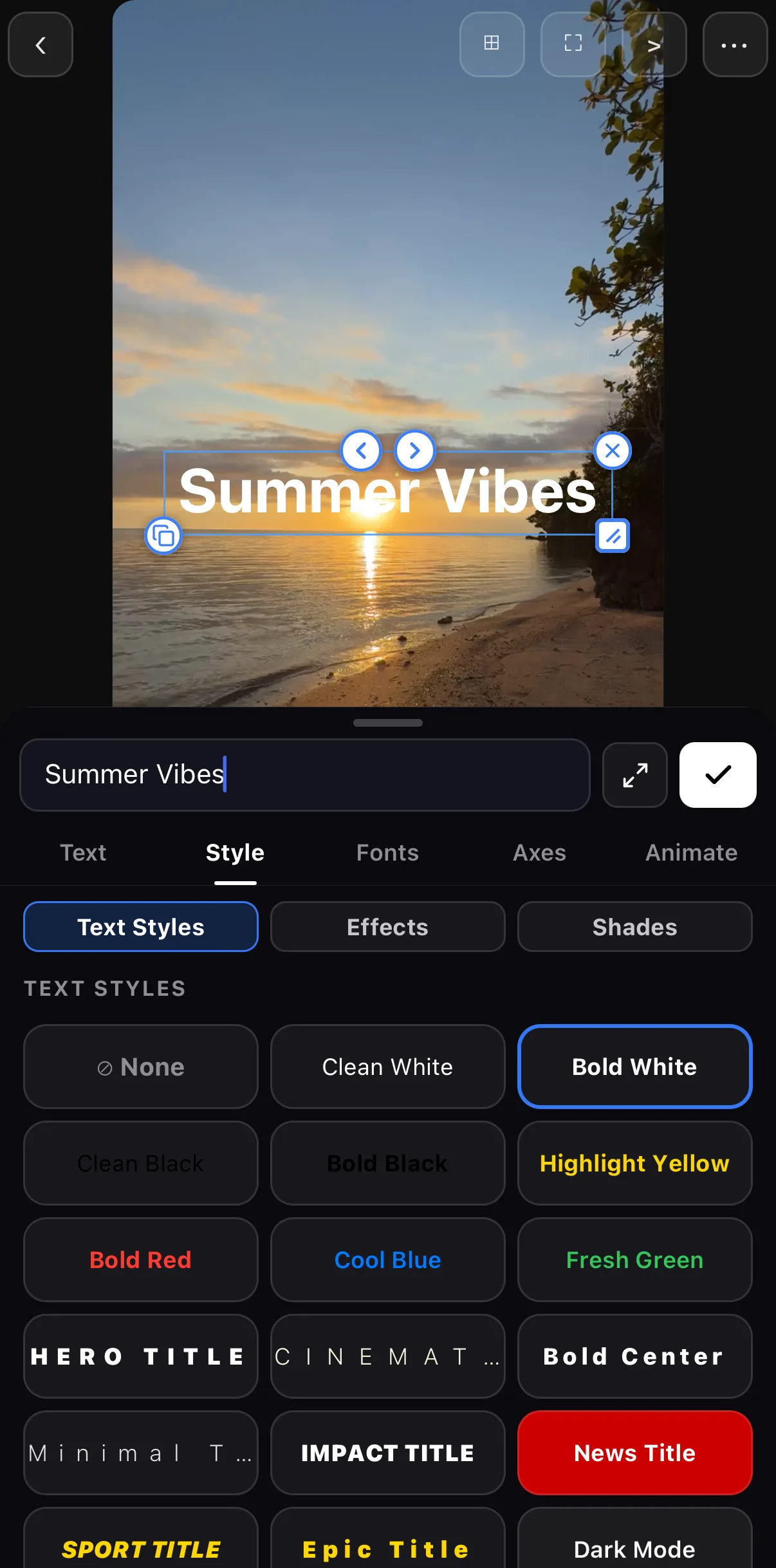 The text tray on the Style tab with Bold White selected and the title Summer Vibes on the canvas