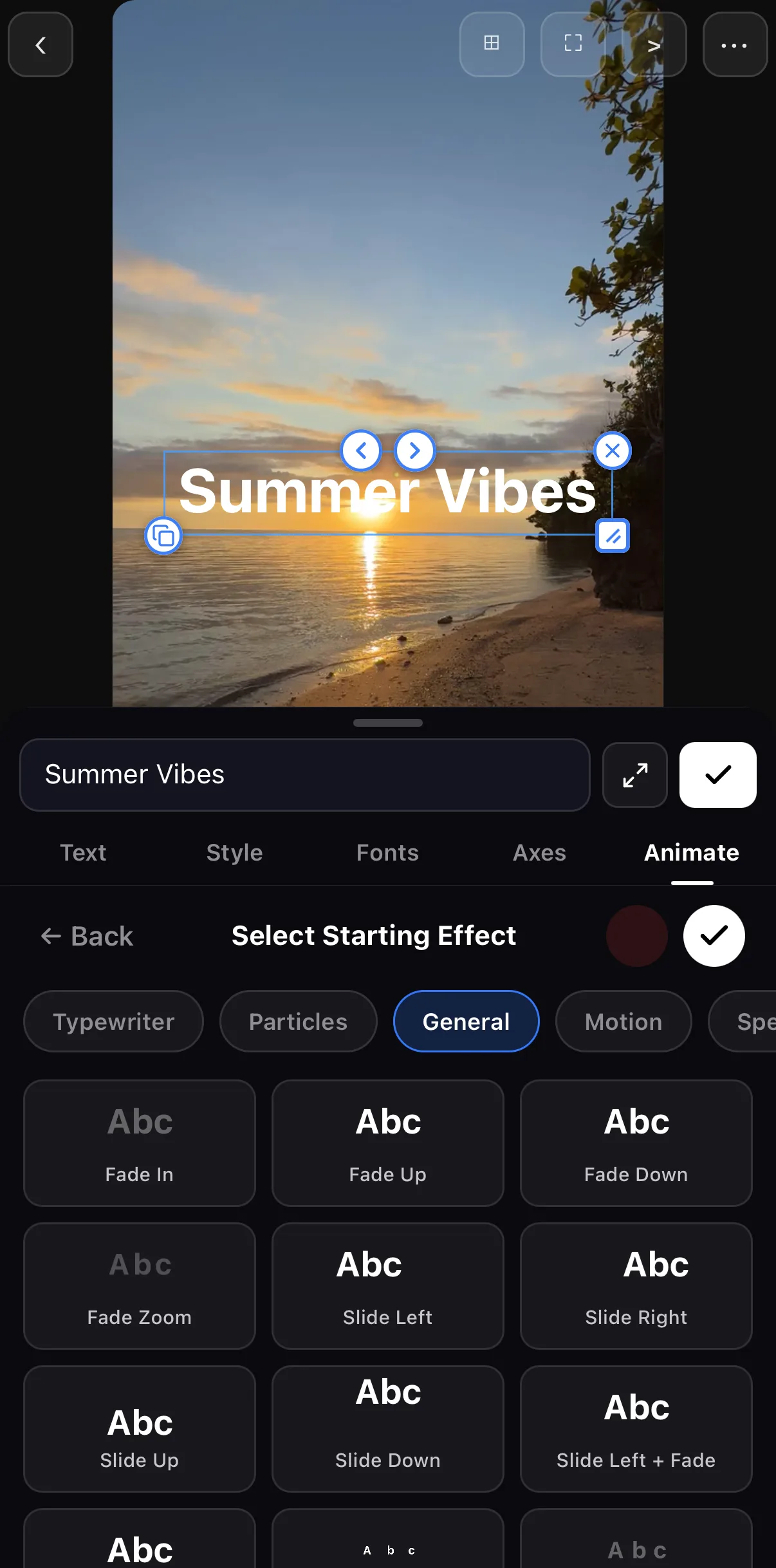 The Select Starting Effect picker with Typewriter, Particles, General and Motion chips and animated tiles