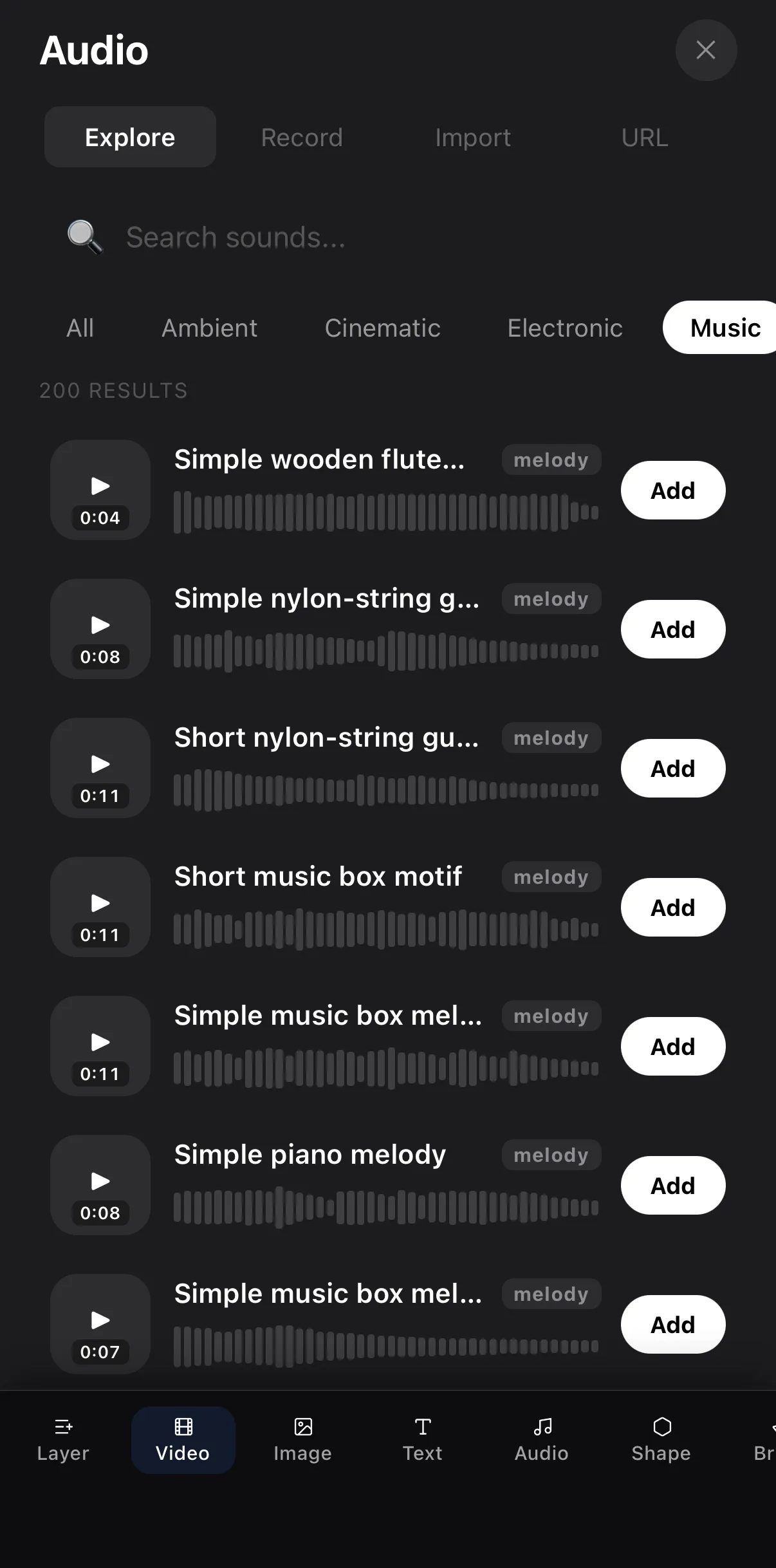 The Audio tray on the Explore tab filtered to Music, with waveform previews and an Add button on each row