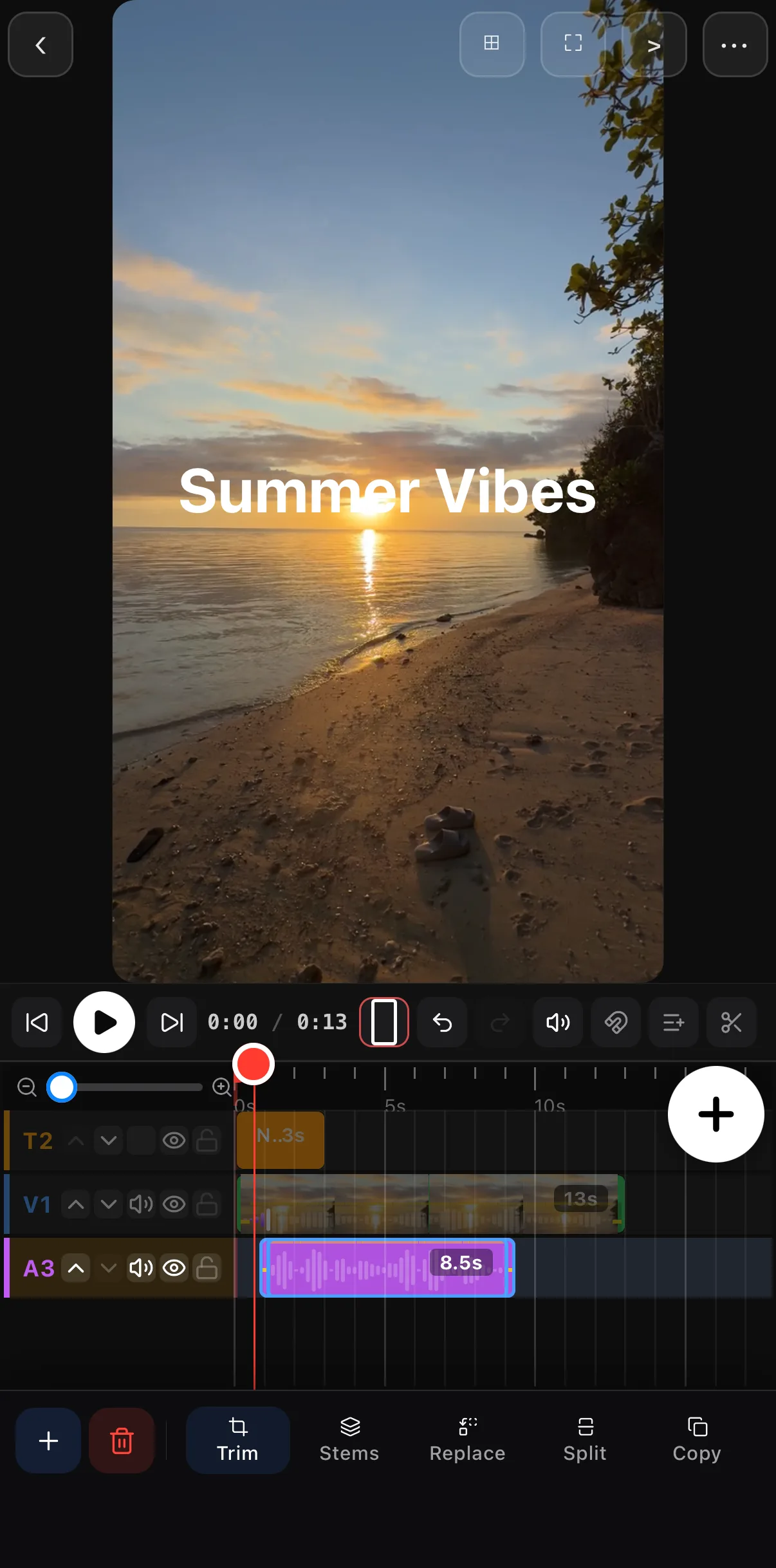 The timeline with the music track on its own purple audio row at the bottom, under the video and title rows