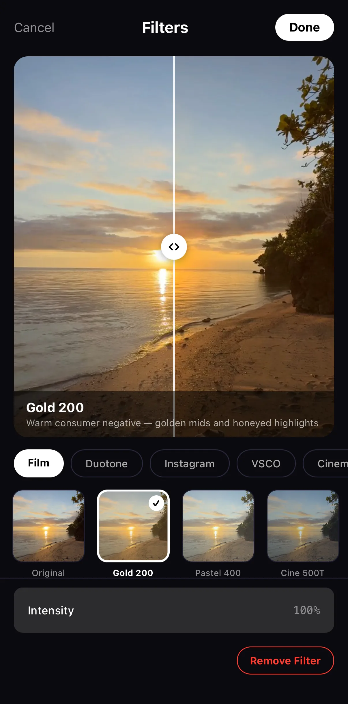 The Filters panel with the Gold 200 film look applied, a before/after compare line on the preview and the Intensity slider