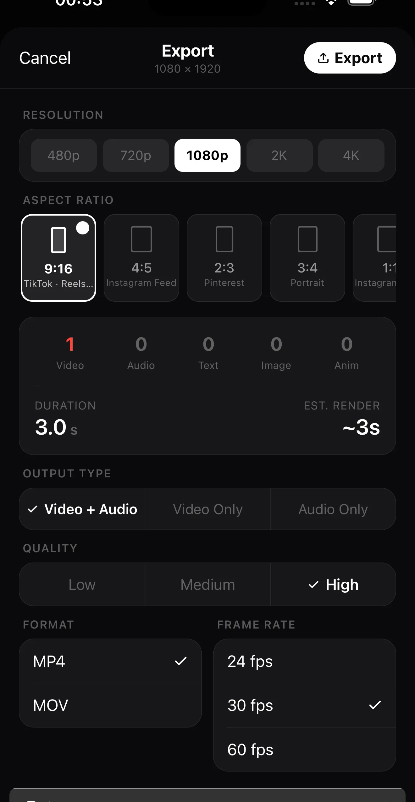 A mobile video export screen showing 1080p resolution and 9:16 aspect ratio