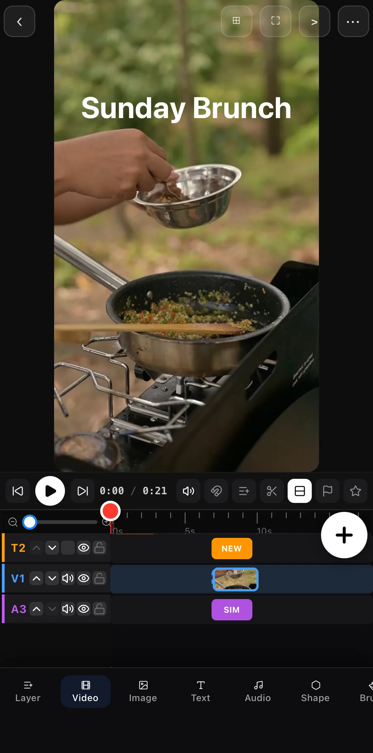 Arrange mode: after a long-press the three rows collapse into boxes — NEW, the video thumbnail being dragged, SIM — so the clip can be dropped elsewhere in the sequence
