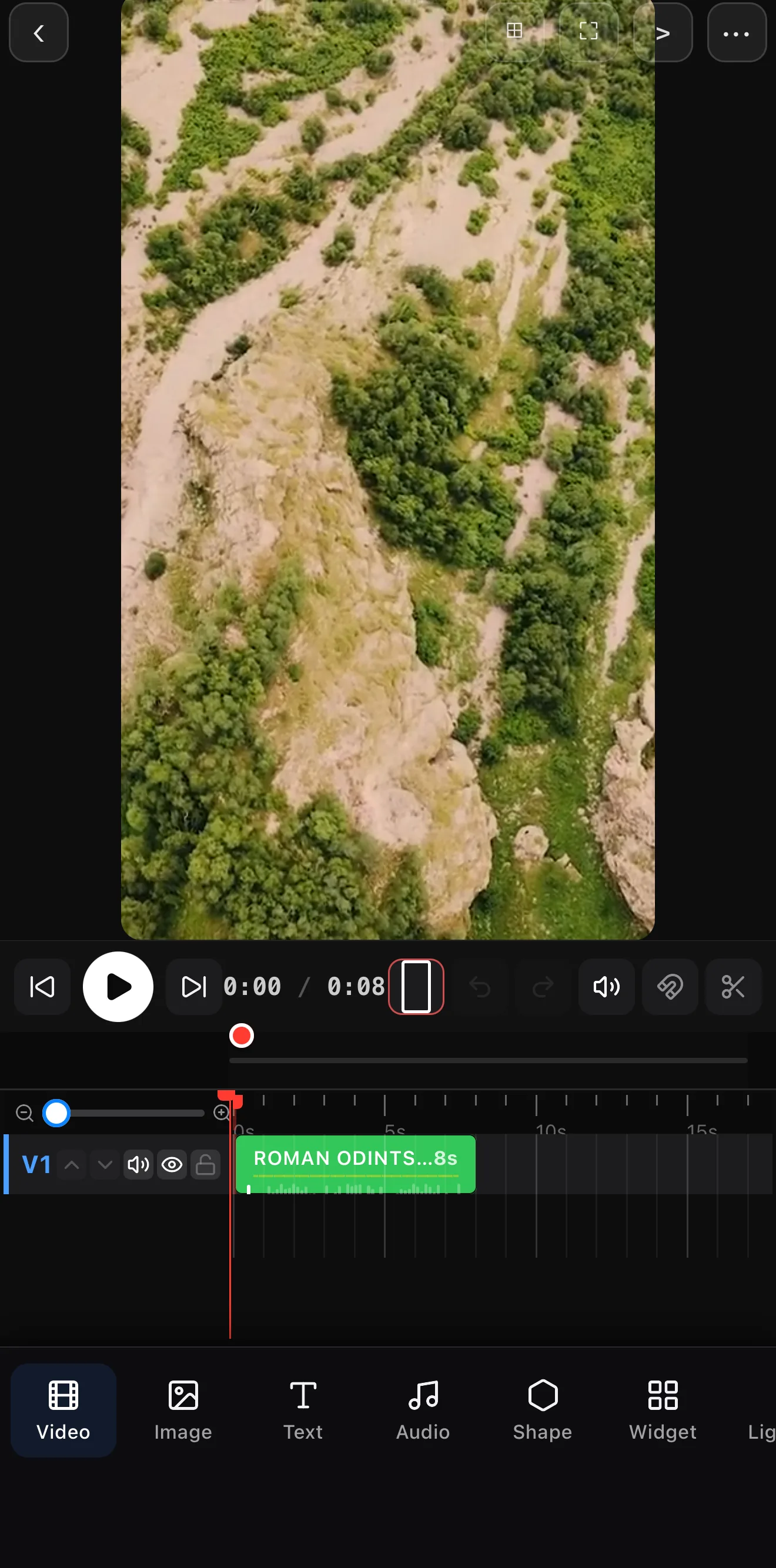 The ExpoCut mobile video editor showing the preview canvas, playback controls, a clip on the V1 timeline track, and the bottom tool row