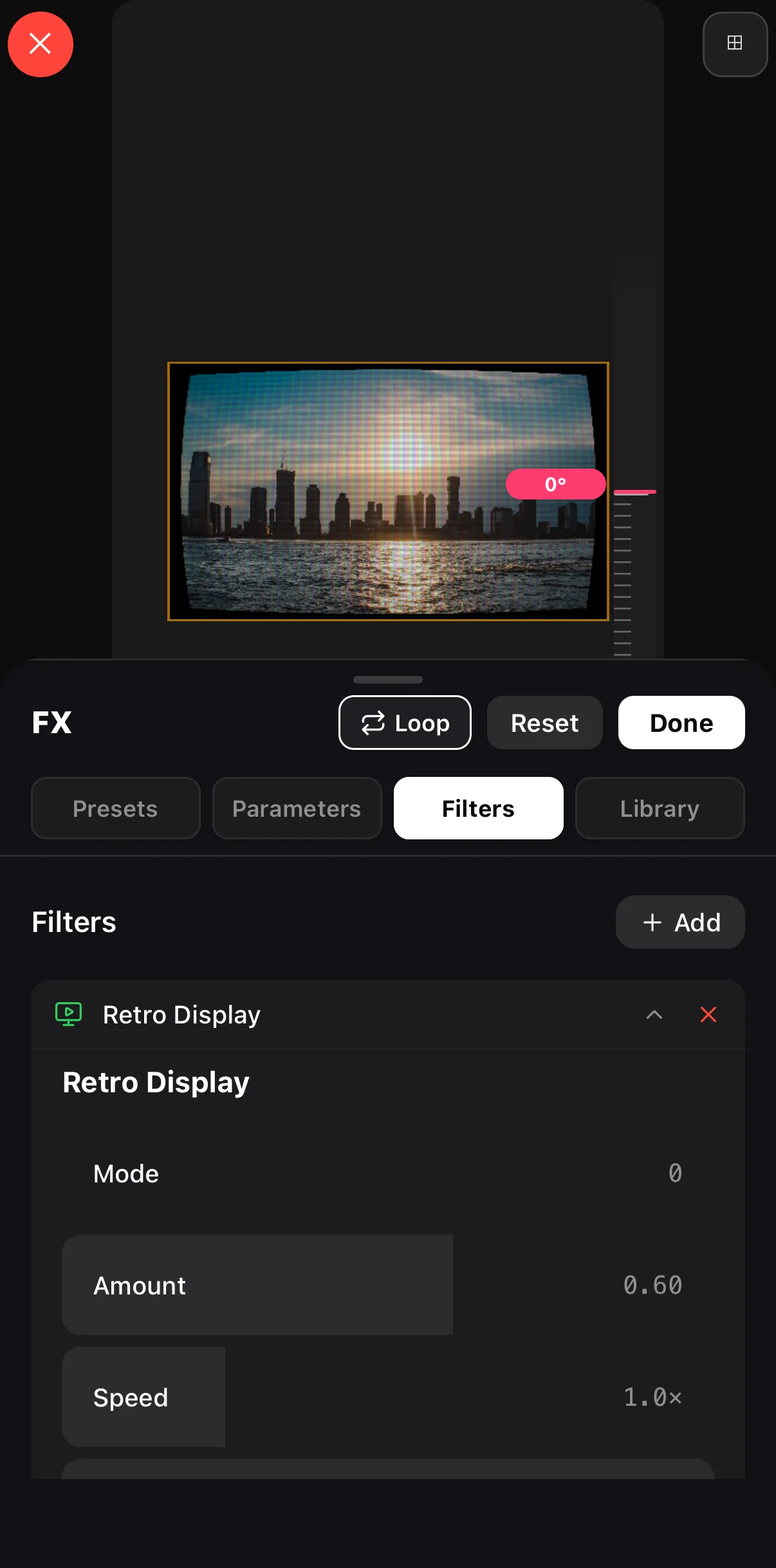 CRT Monitor applied to the skyline — scanlines and a phosphor grid on the canvas — with the Retro Display engine's Mode, Amount and Speed sliders below