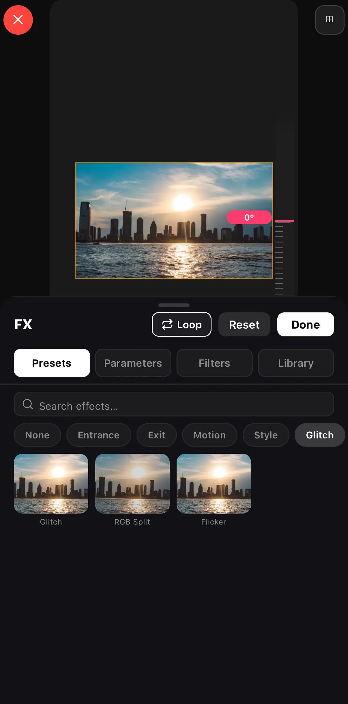 The Glitch category: Glitch, RGB Split and Flicker presets
