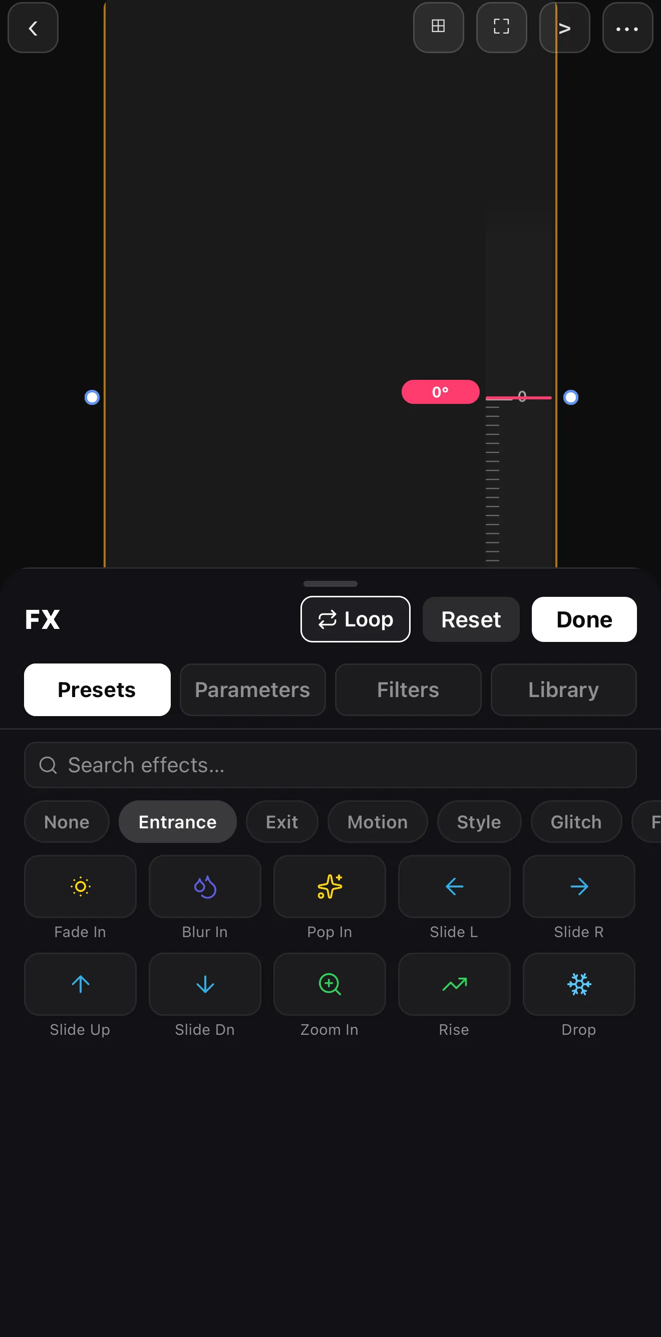 The FX effects panel in the ExpoCut mobile video editor showing Entrance, Motion, Style and Glitch categories with preset thumbnails