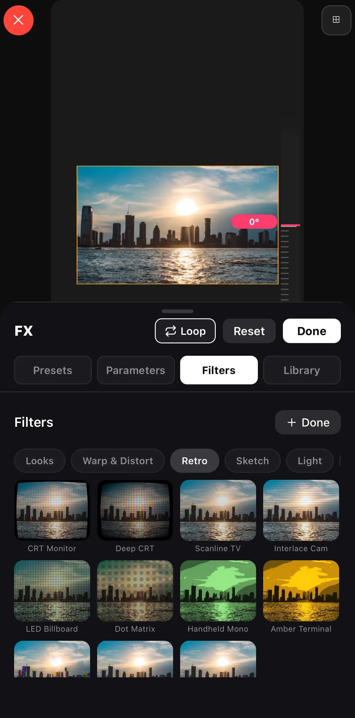 The FX Filters tab on Retro: CRT Monitor, Deep CRT, Scanline TV, Interlace Cam, LED Billboard, Dot Matrix, Handheld Mono, Amber Terminal, each rendered on a skyline photo