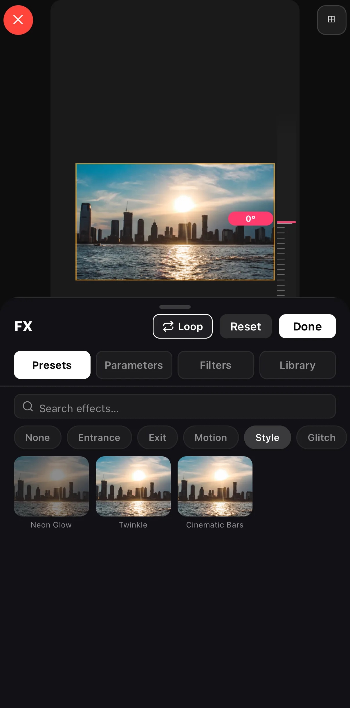 The FX Presets tab on the Style category: Neon Glow, Twinkle and Cinematic Bars tiles animating on the skyline photo