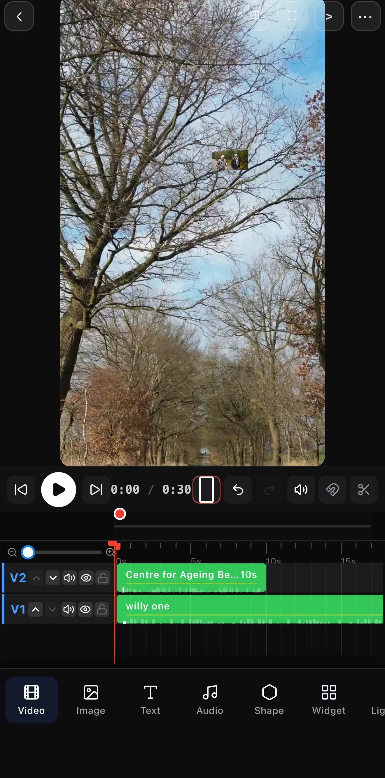 A small inset video sitting over a full-screen background clip, with two video tracks (V2 over V1) on the timeline