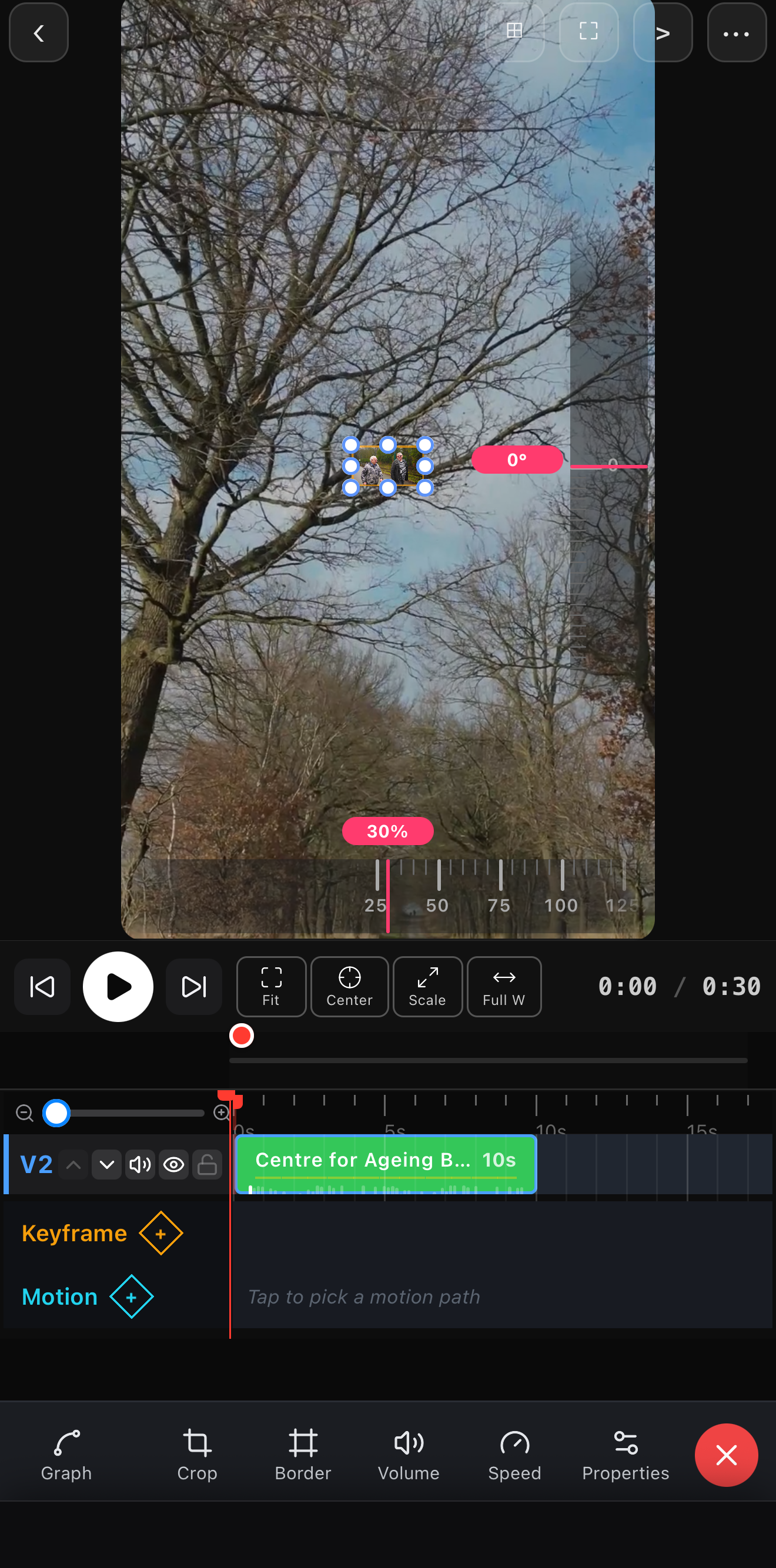 A second video clip selected on the canvas at 30% scale with resize handles, over a background tree clip, plus the Fit / Center / Scale / Full-W controls