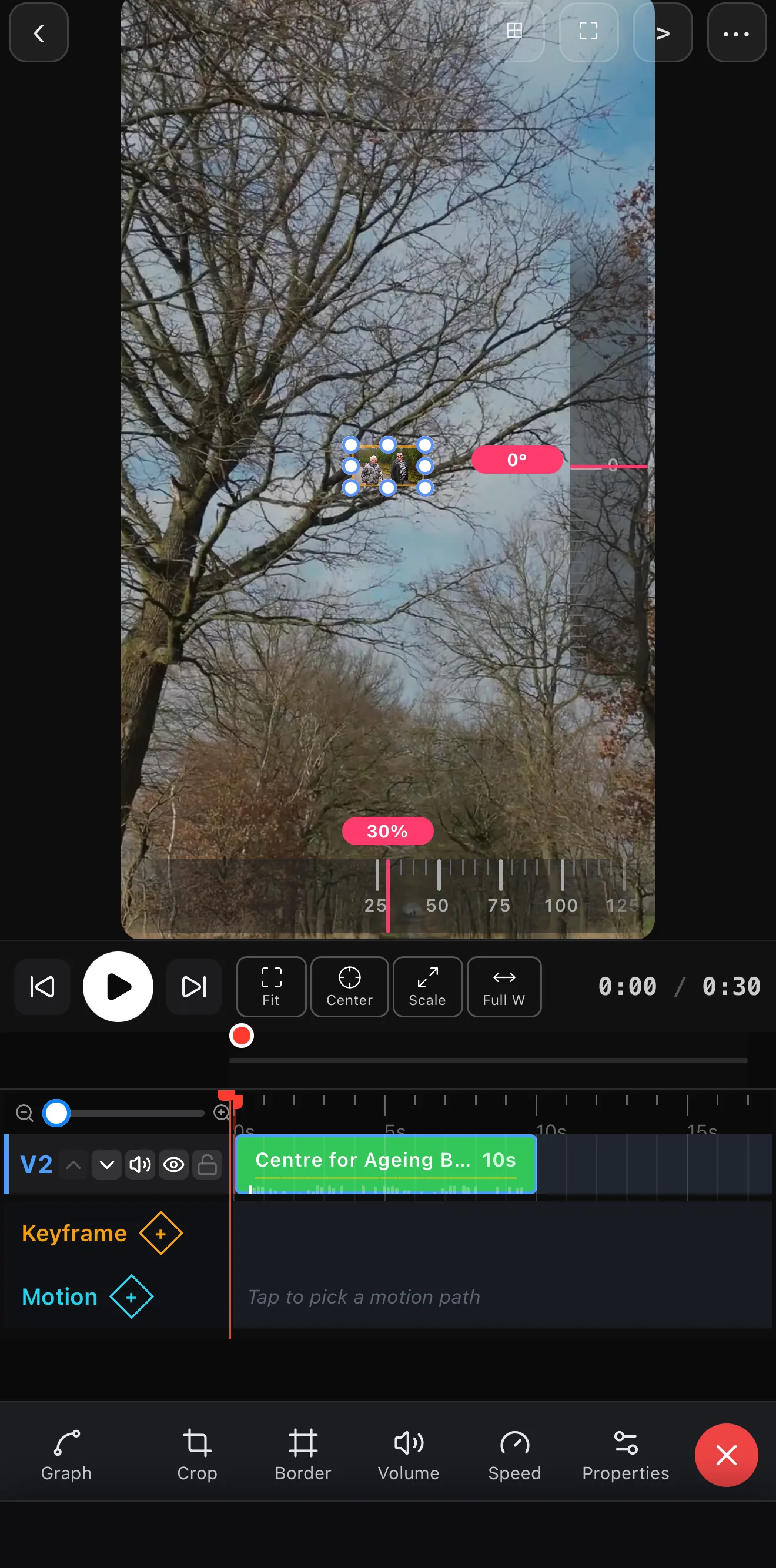 A second video clip selected on the canvas at 30% scale with resize handles, over a background tree clip, plus the Fit / Center / Scale / Full-W controls