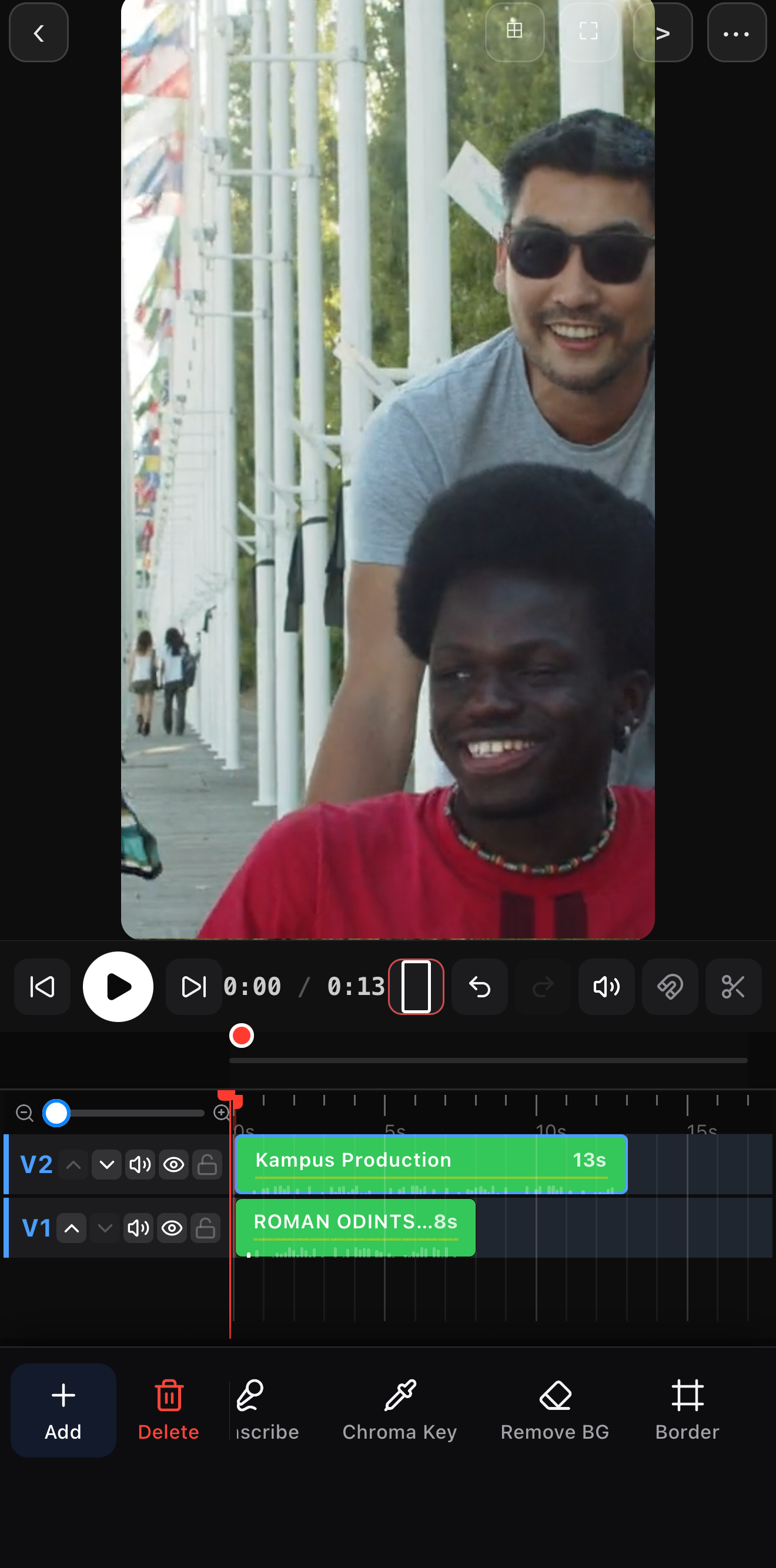 The Remove BG button in the clip toolbar of the ExpoCut mobile video editor