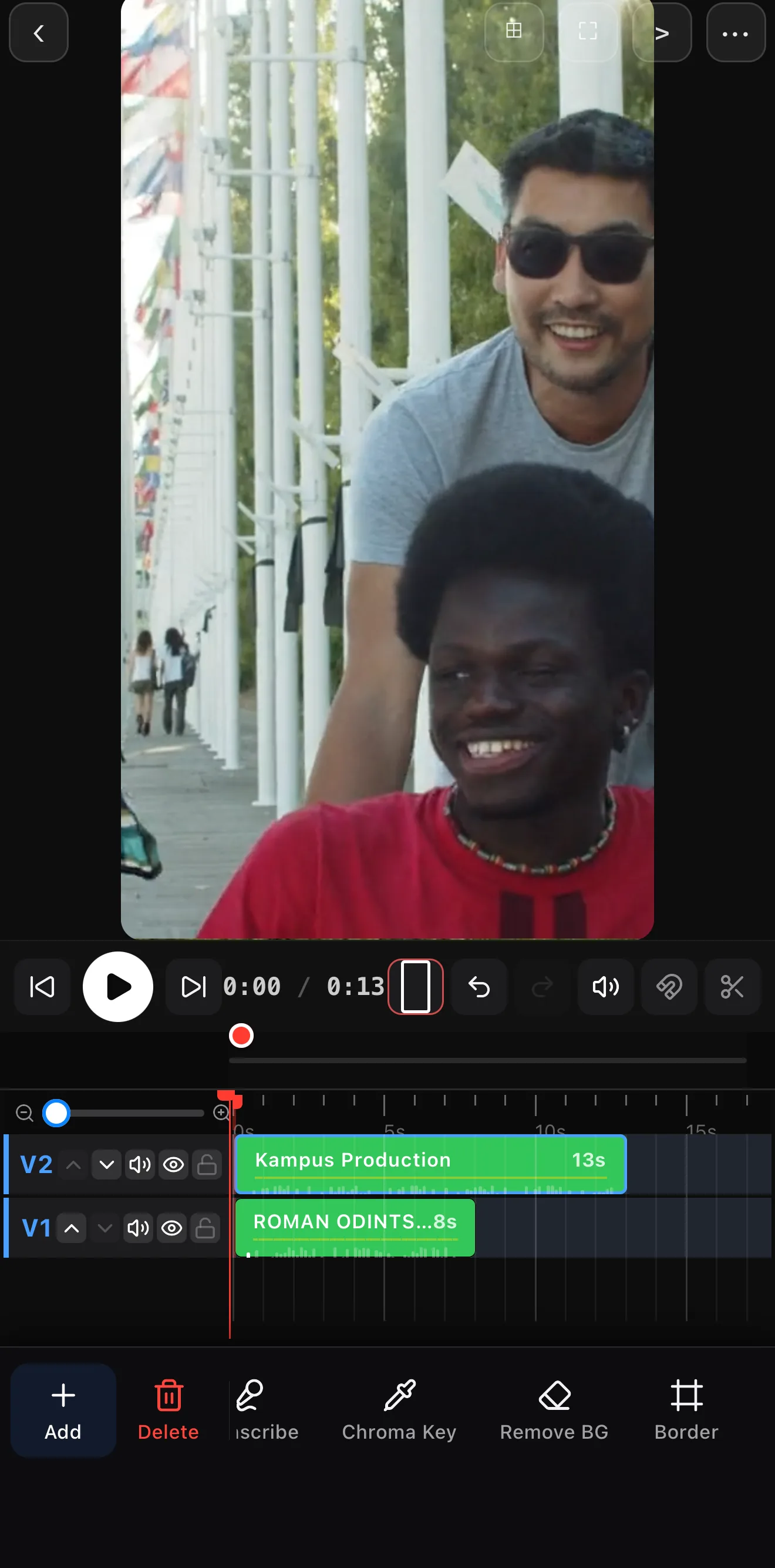 The Remove BG button in the clip toolbar of the ExpoCut mobile video editor