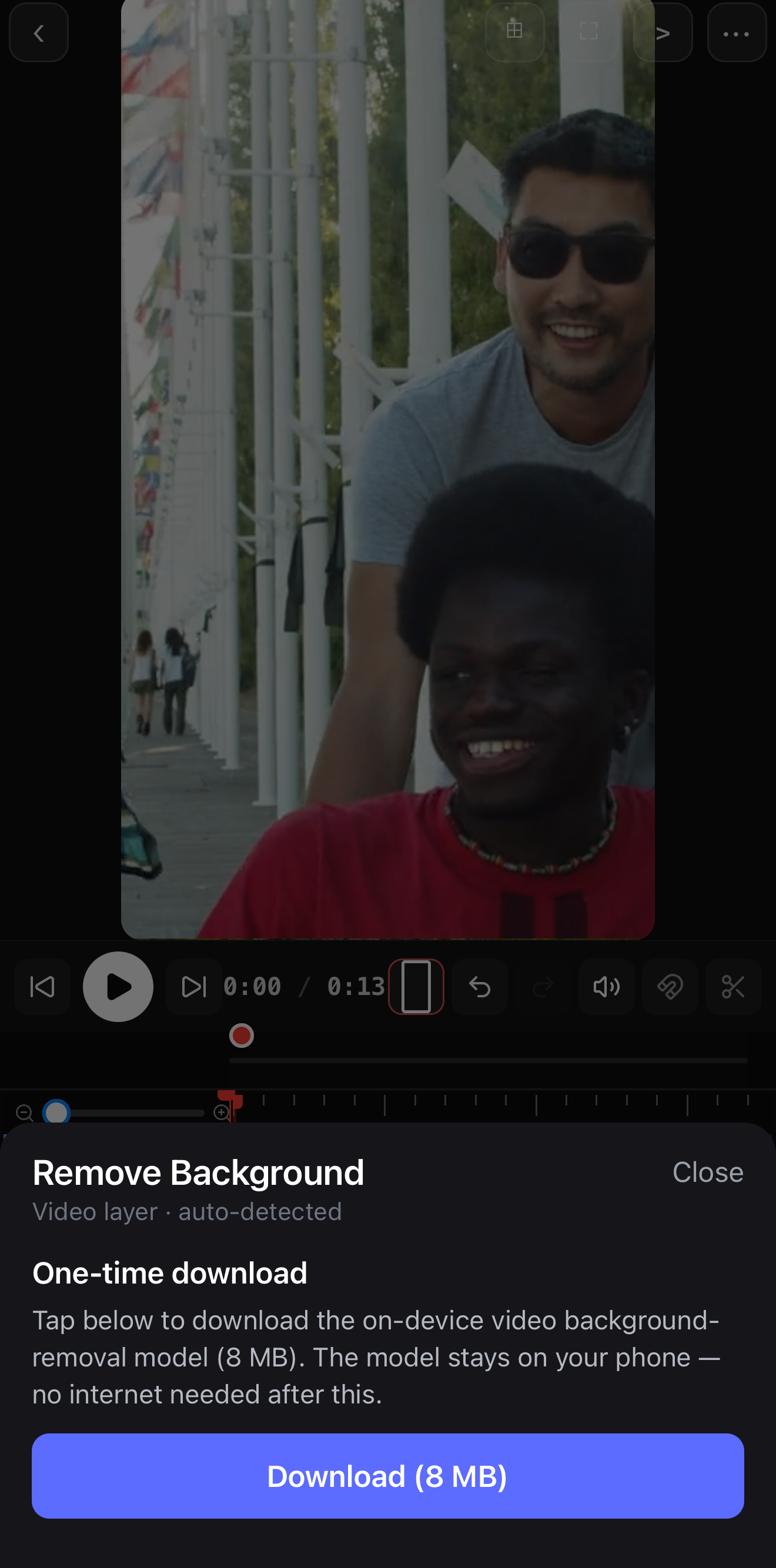 The Remove Background panel in ExpoCut explaining the on-device model download stays on the phone