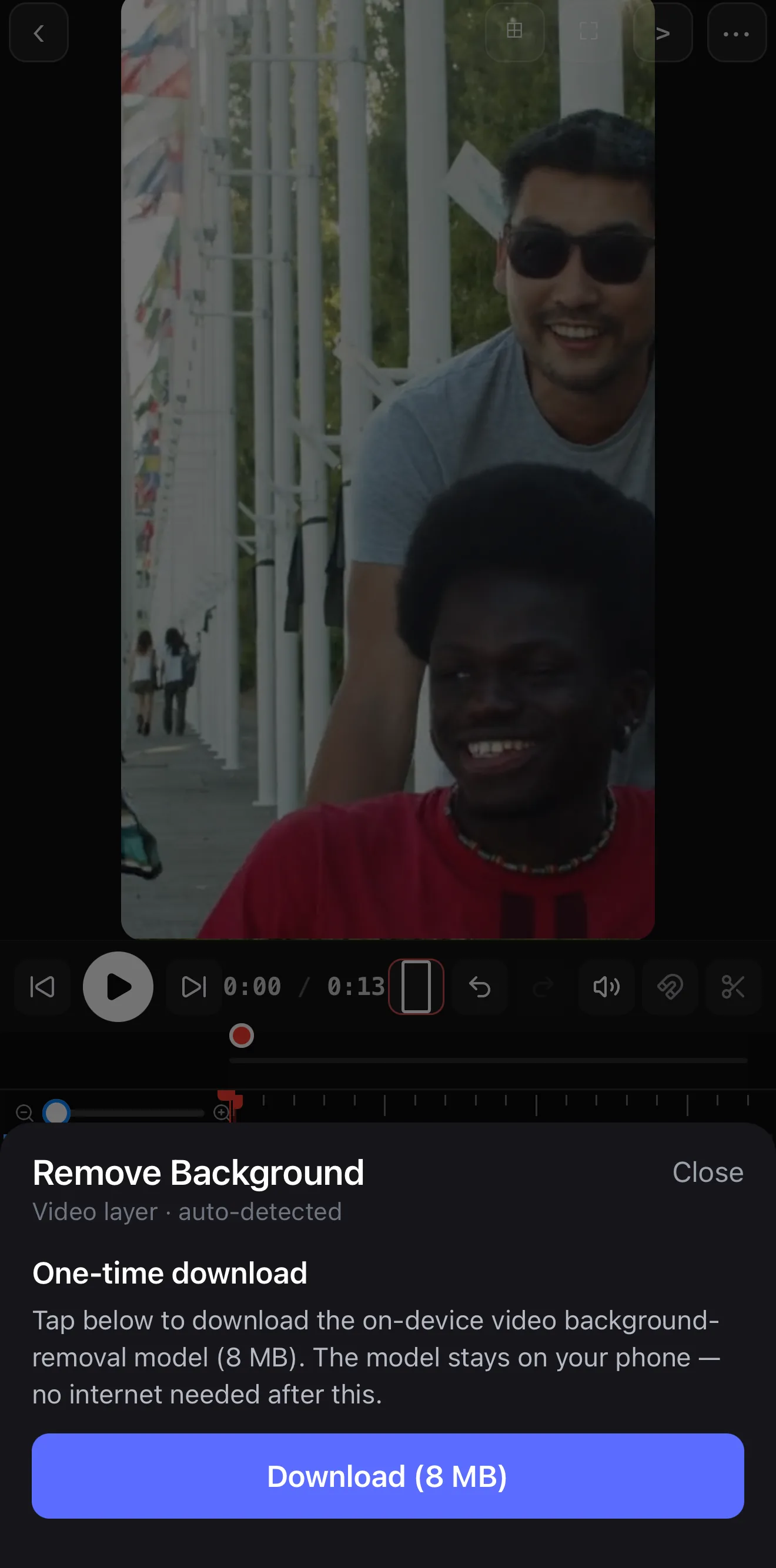 The Remove Background panel in ExpoCut explaining the on-device model download stays on the phone