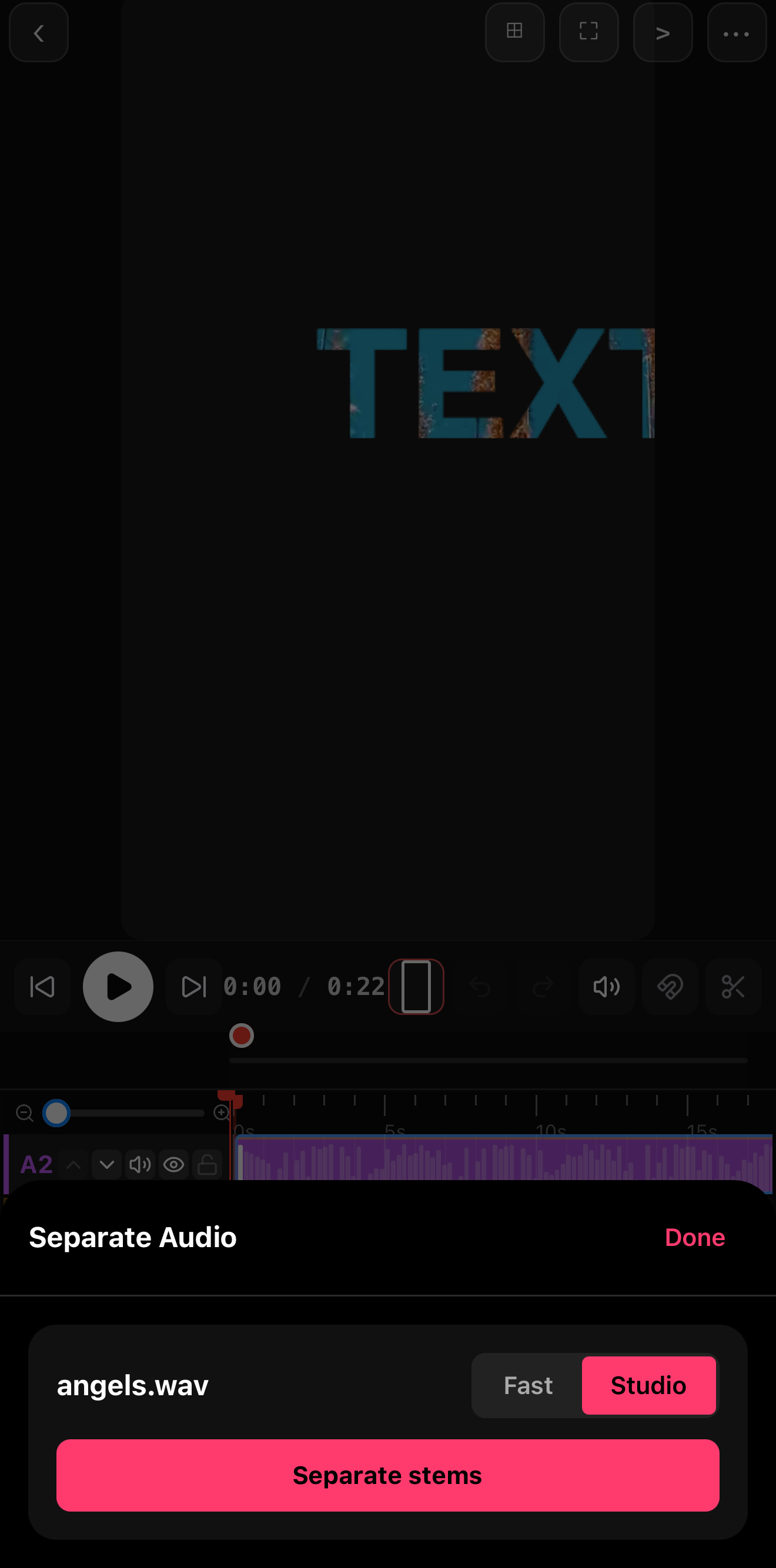 ExpoCut Separate Audio panel with a Fast/Studio quality toggle and a Separate stems button