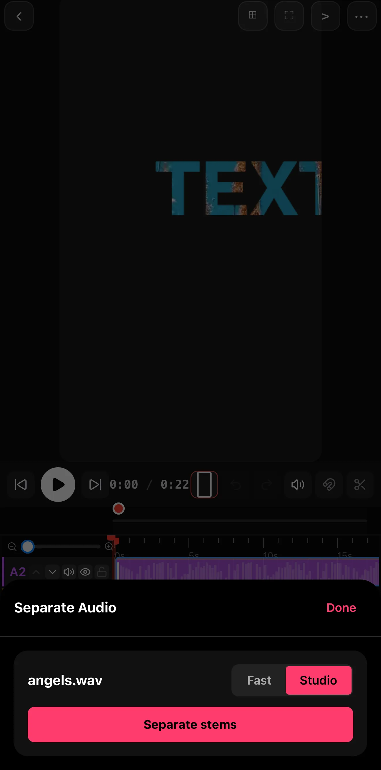 ExpoCut Separate Audio panel with a Fast/Studio quality toggle and a Separate stems button