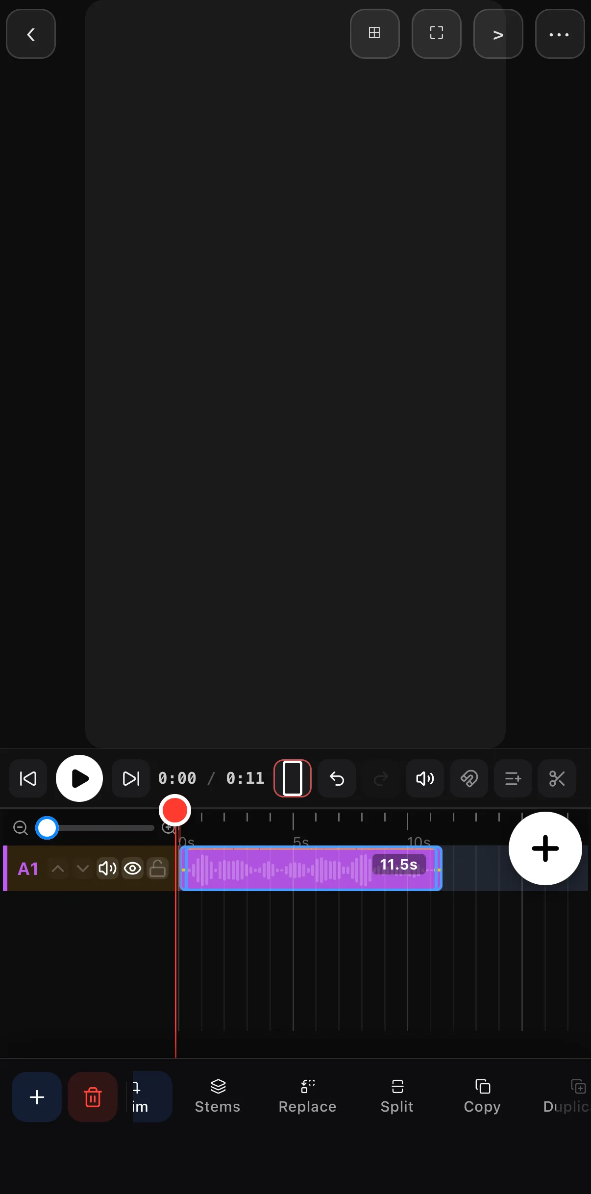 A selected audio clip's toolbar: Trim, Stems, Replace, Split, Copy, Duplicate