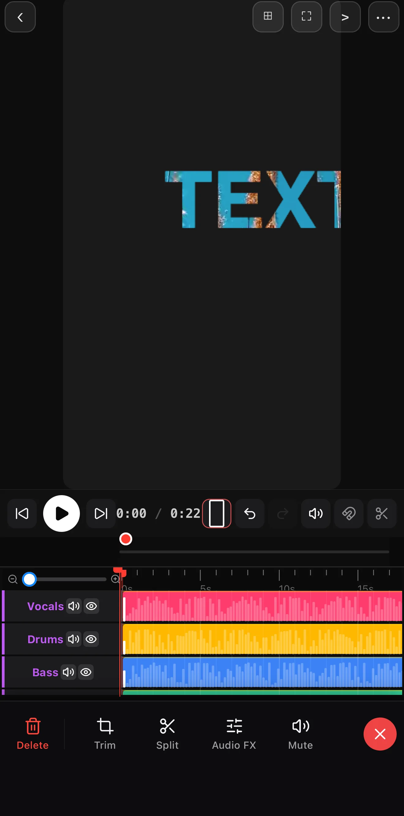 The song split into Vocals, Drums and Bass stems as separate color-coded tracks with mute toggles