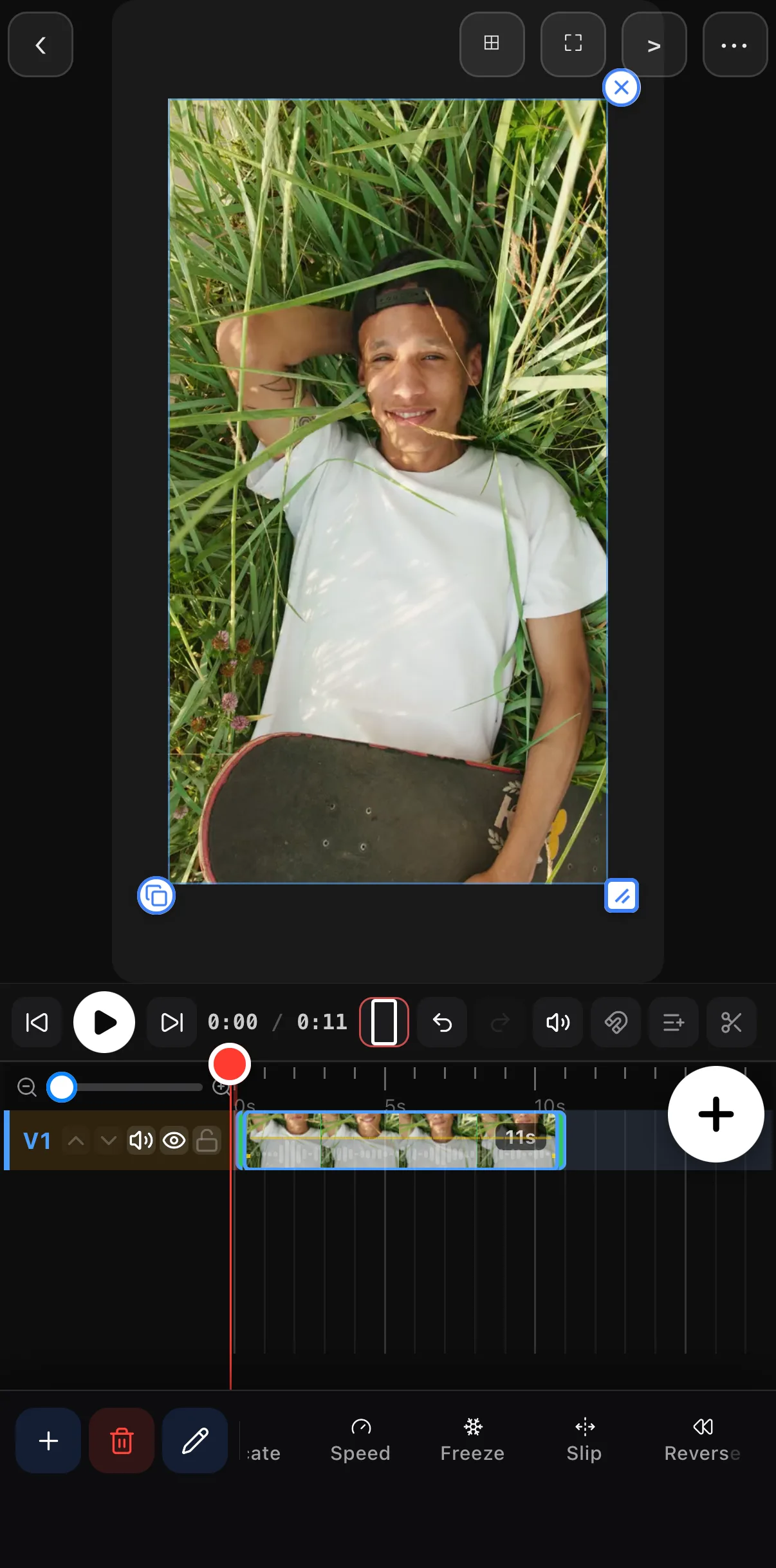A selected skateboard clip with the toolbar scrolled to Duplicate, Speed, Freeze, Slip and Reverse