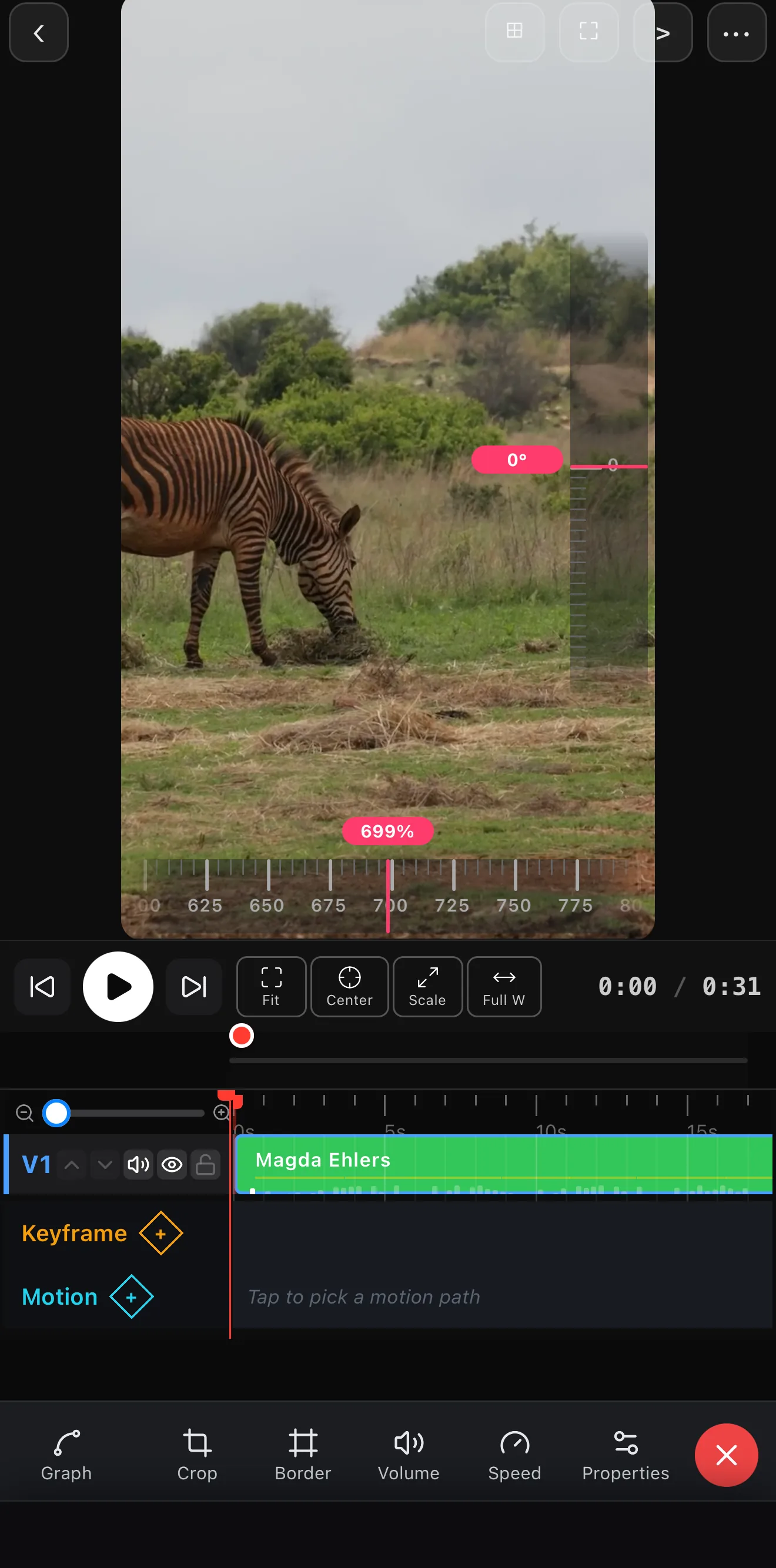 The clip transform toolbar with Graph, Crop, Border, Volume, Speed and Properties; Properties is at the far right.