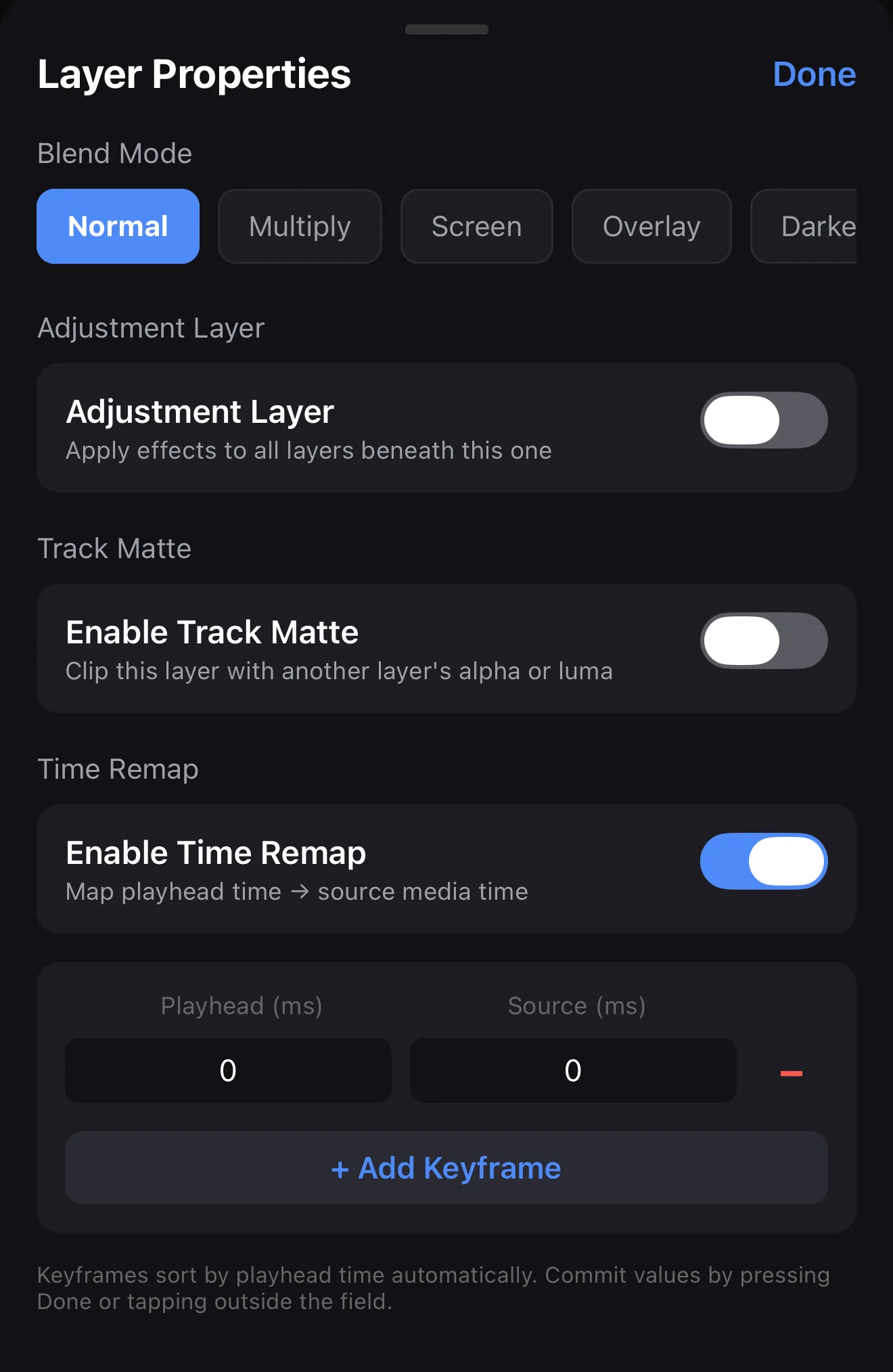 Layer Properties panel with Enable Time Remap turned on, showing a Playhead (ms) and Source (ms) keyframe table and an Add Keyframe button.
